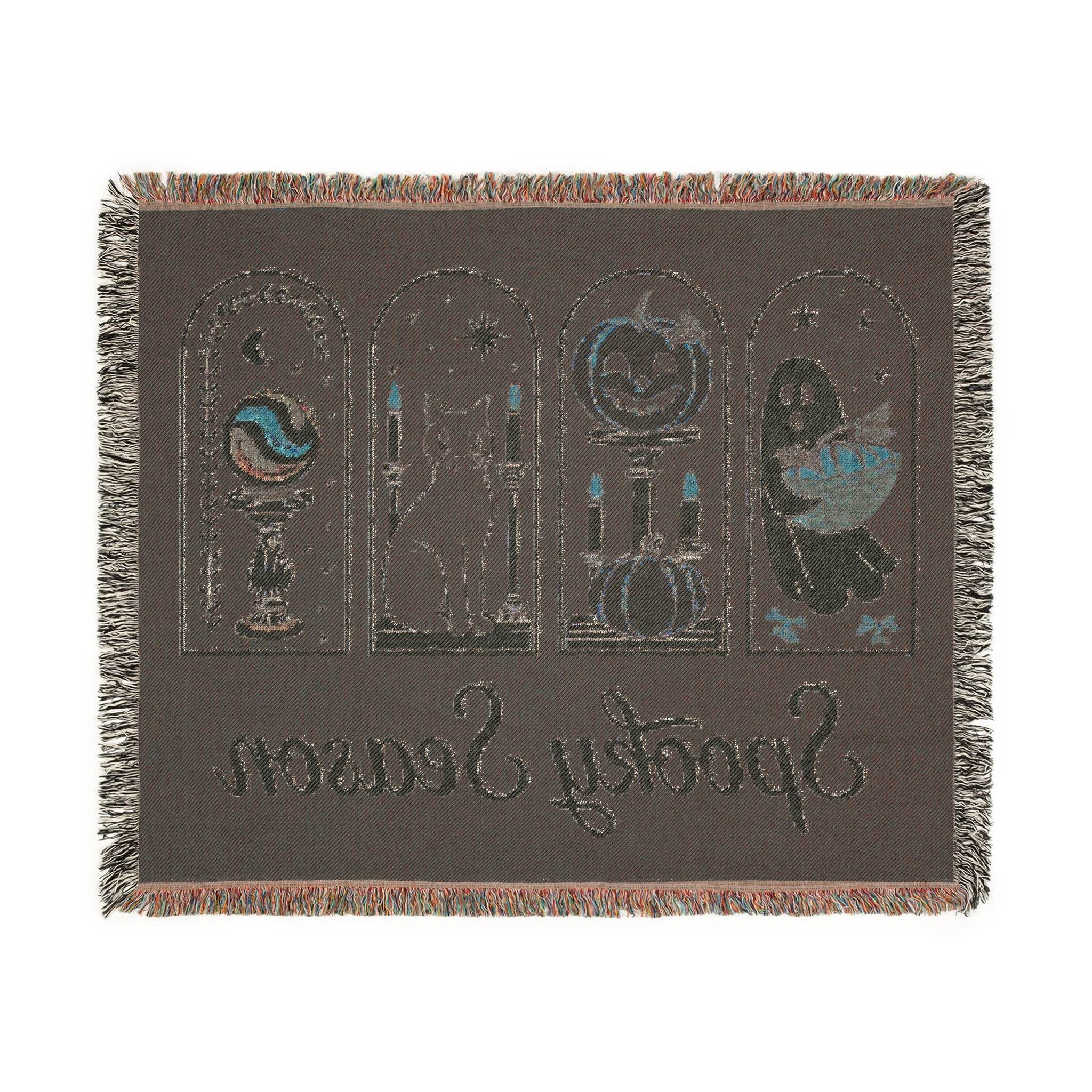 Printify eco-friendly Halloween blanket with spooky cat pumpkin and ghost designs and fringe edges