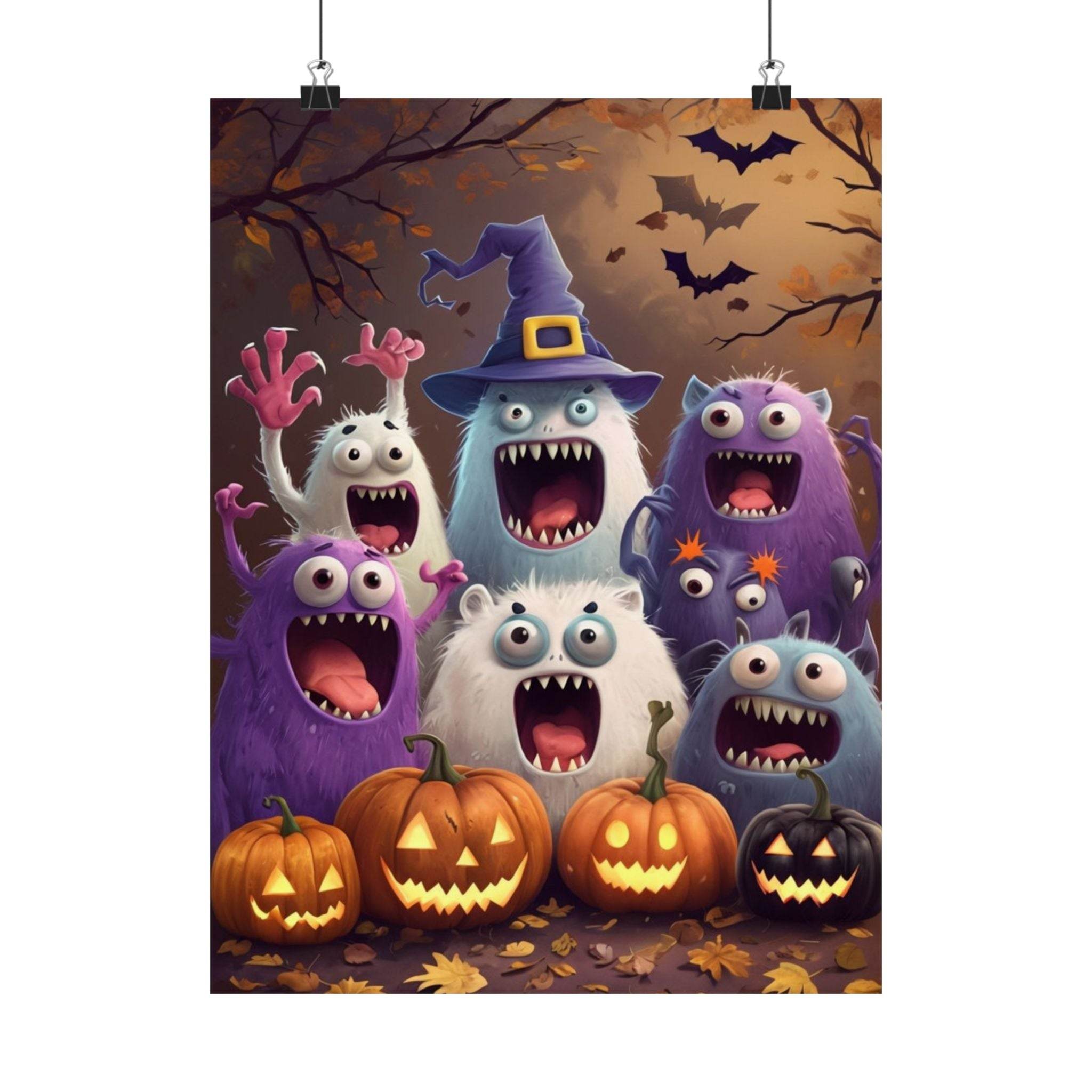 Printify eco-friendly Halloween posters featuring colorful monsters and glowing jack-o-lanterns in a spooky forest