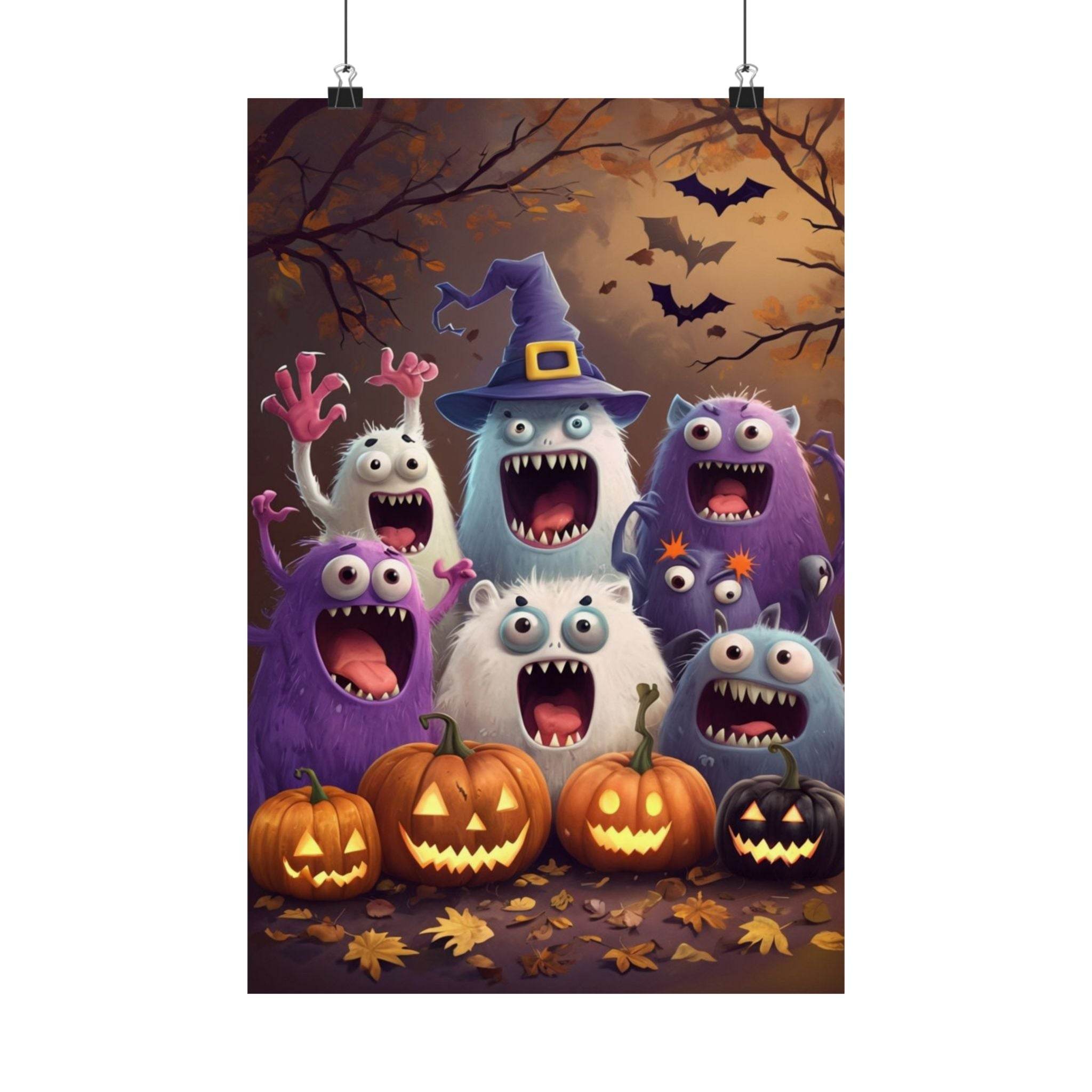 Printify eco-friendly Halloween posters featuring cartoon monsters and jack-o-lantern pumpkins in a spooky forest