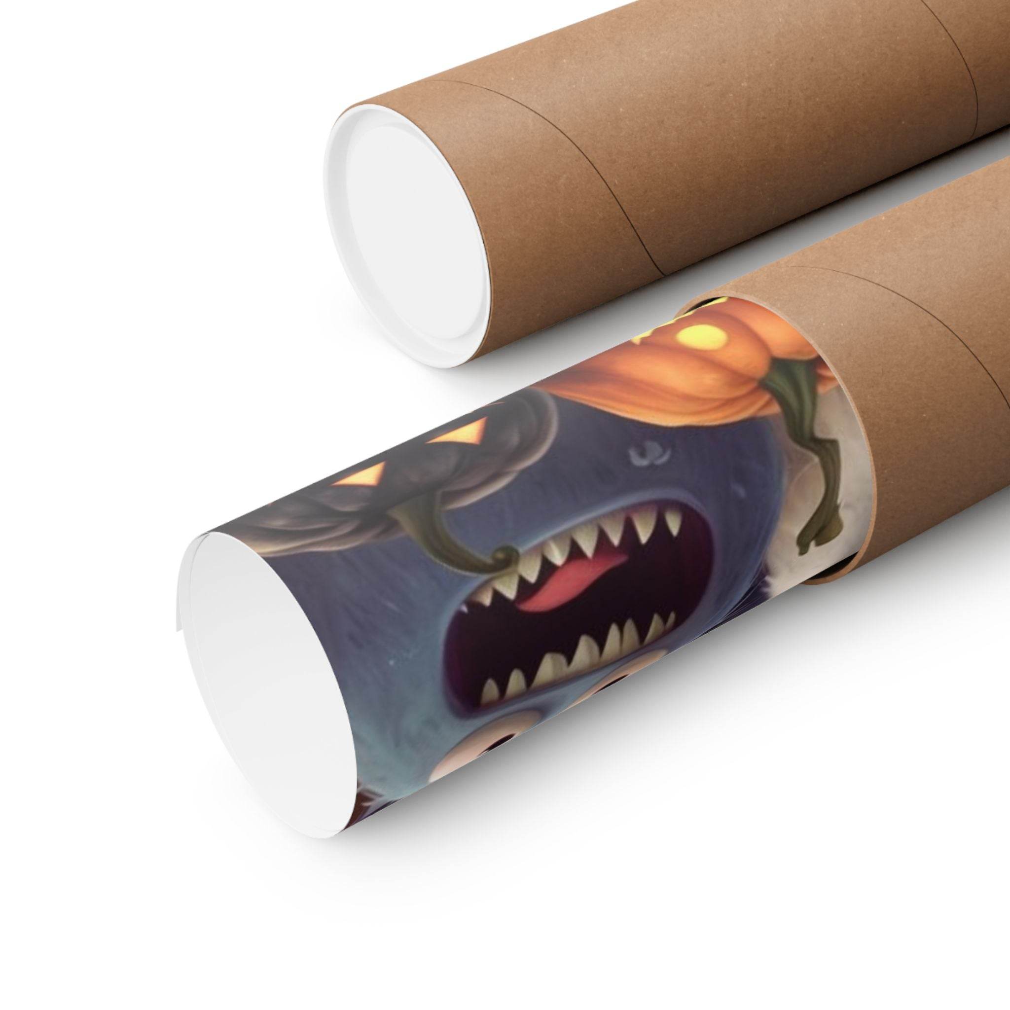 Printify eco-friendly Halloween posters rolled in brown protective tubes featuring spooky monster and pumpkin design