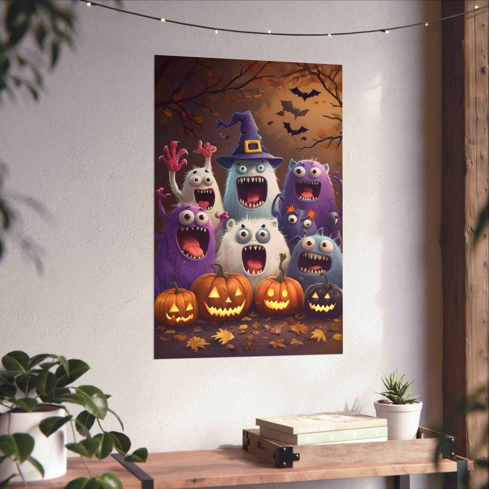 Printify eco-friendly Halloween posters featuring cute monsters and carved pumpkins in a spooky autumn setting