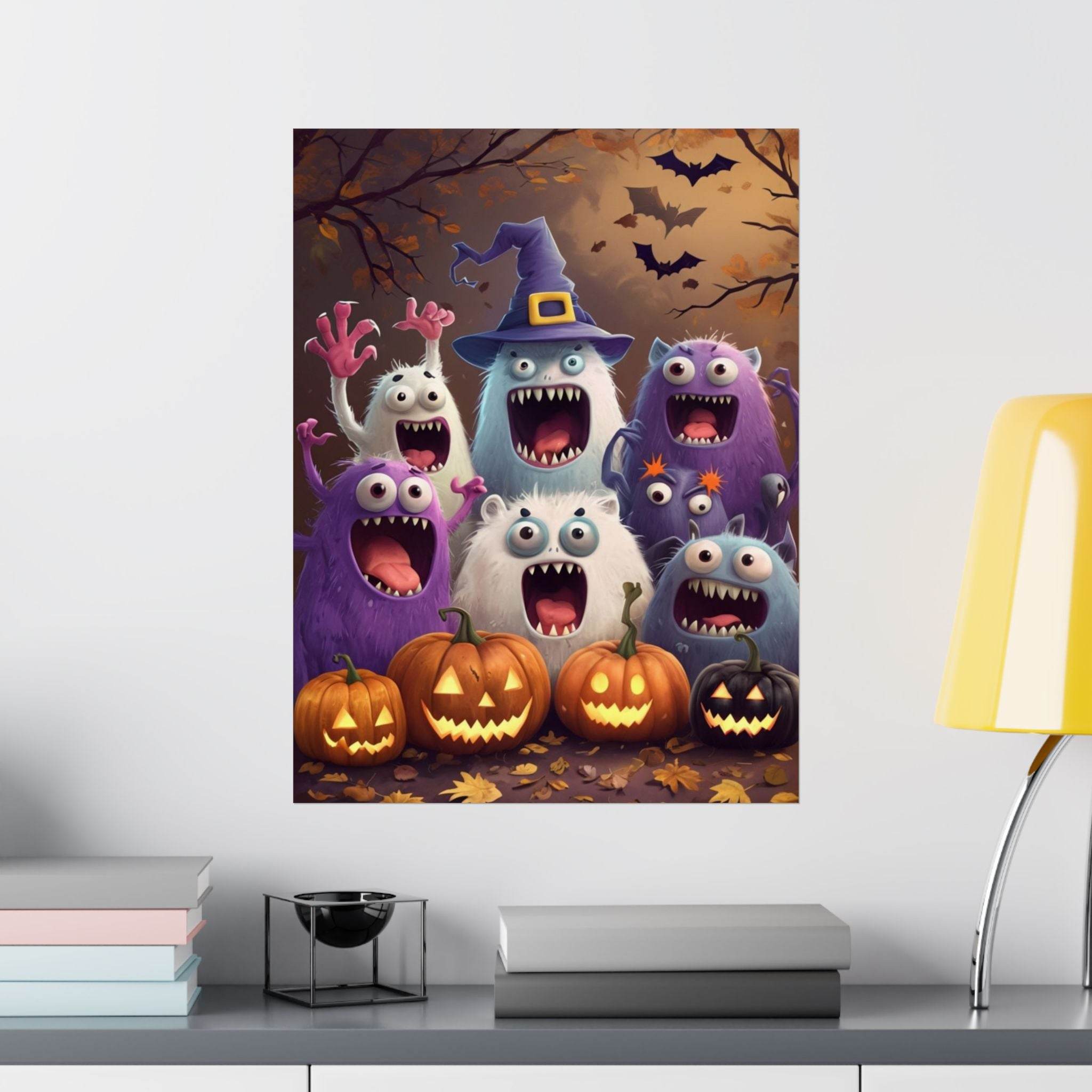 Printify eco-friendly Halloween posters featuring playful cartoon monsters and carved pumpkins on a spooky background