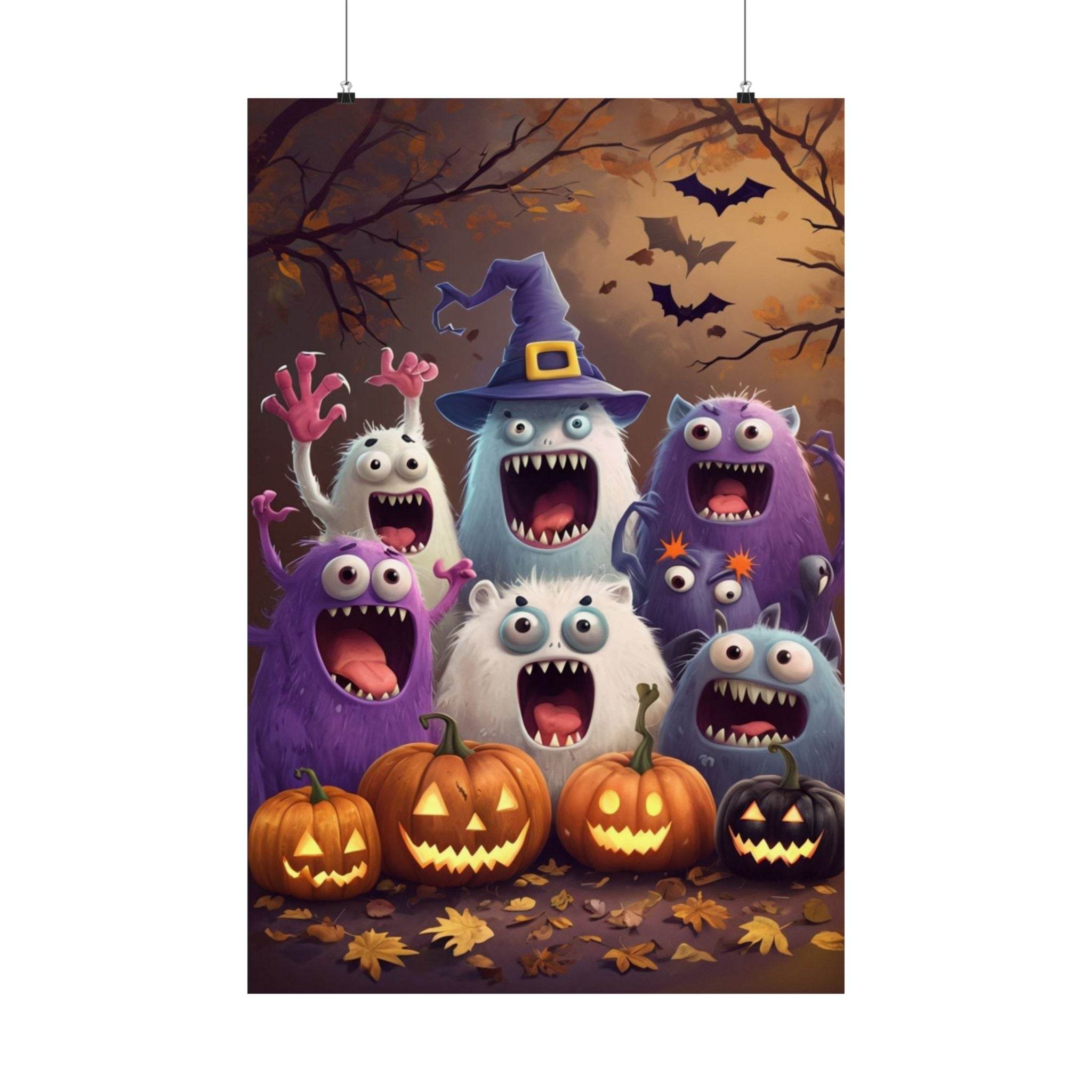 Printify eco-friendly Halloween posters featuring cute monsters wearing a witch hat with jack-o-lanterns and bats