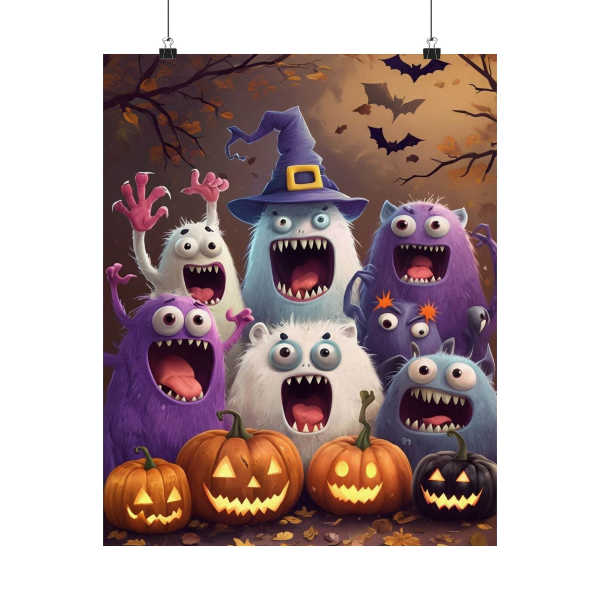Colorful cartoon monsters with jack-o-lantern pumpkins on eco-friendly Halloween posters by Printify