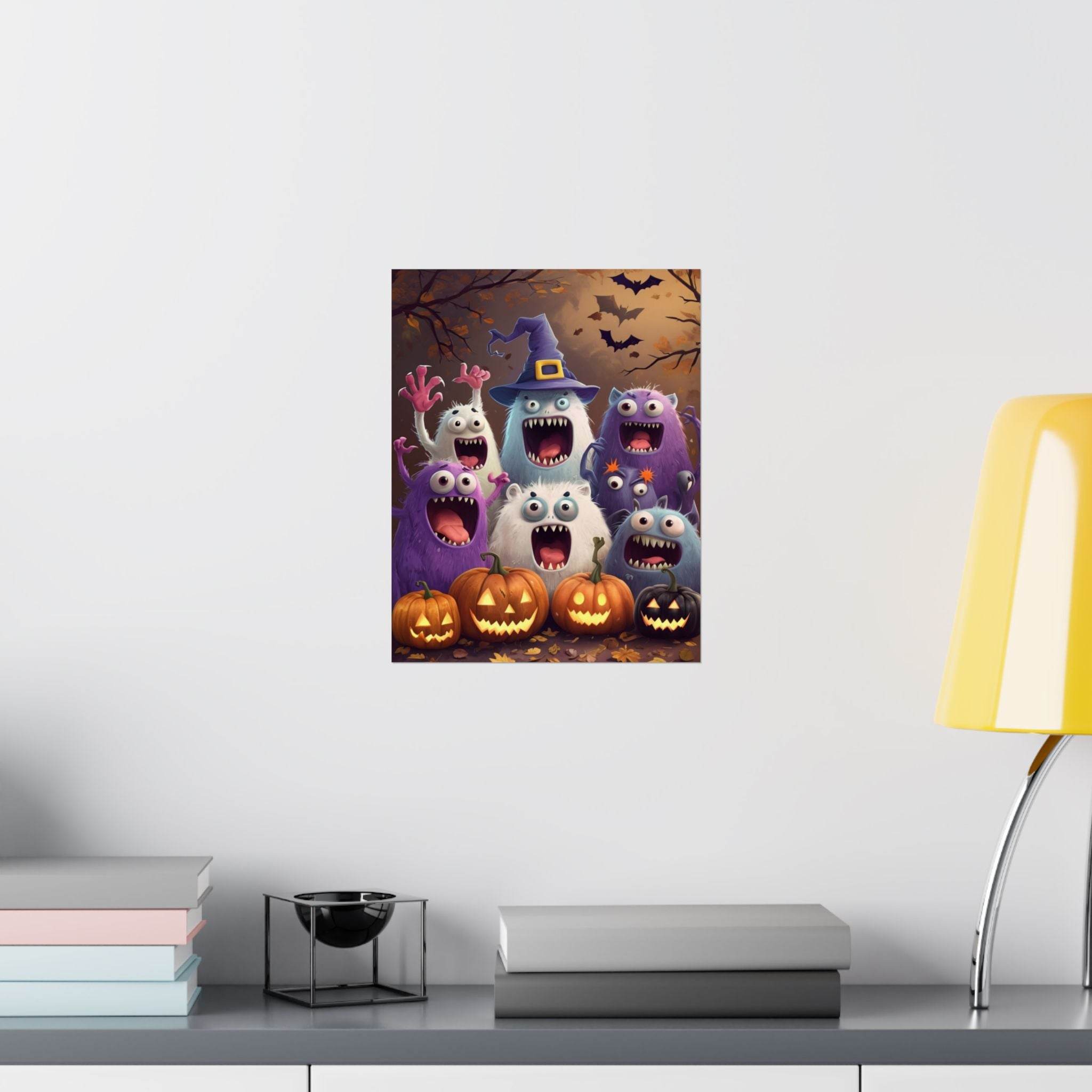 Printify eco-friendly Halloween posters featuring playful monsters with carved pumpkins and bats on a spooky night