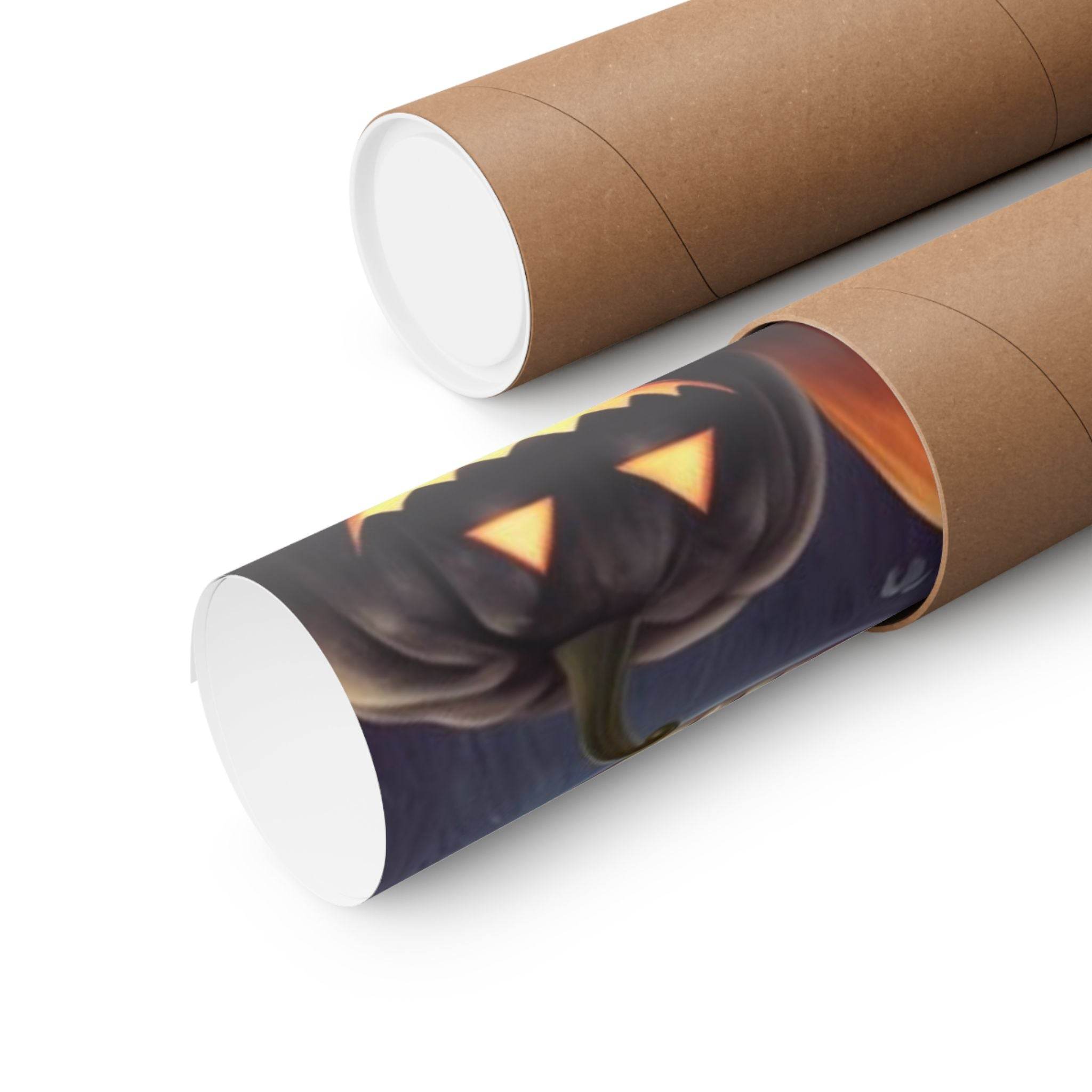 Eco-friendly Halloween posters by Printify rolled inside brown cardboard tubes featuring jack-o-lantern designs