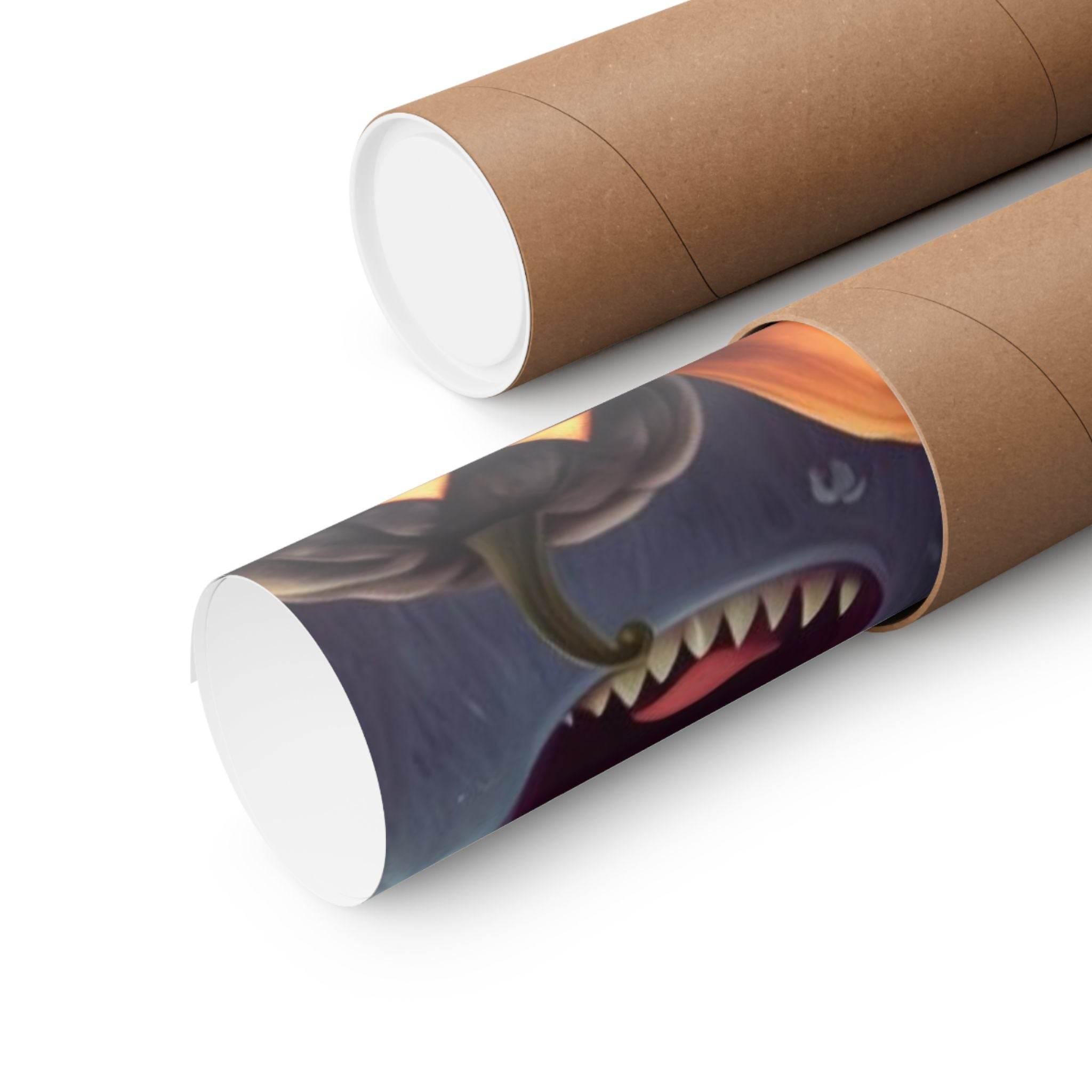 Printify eco-friendly Halloween posters rolled in brown kraft tubes showing a spooky monster design