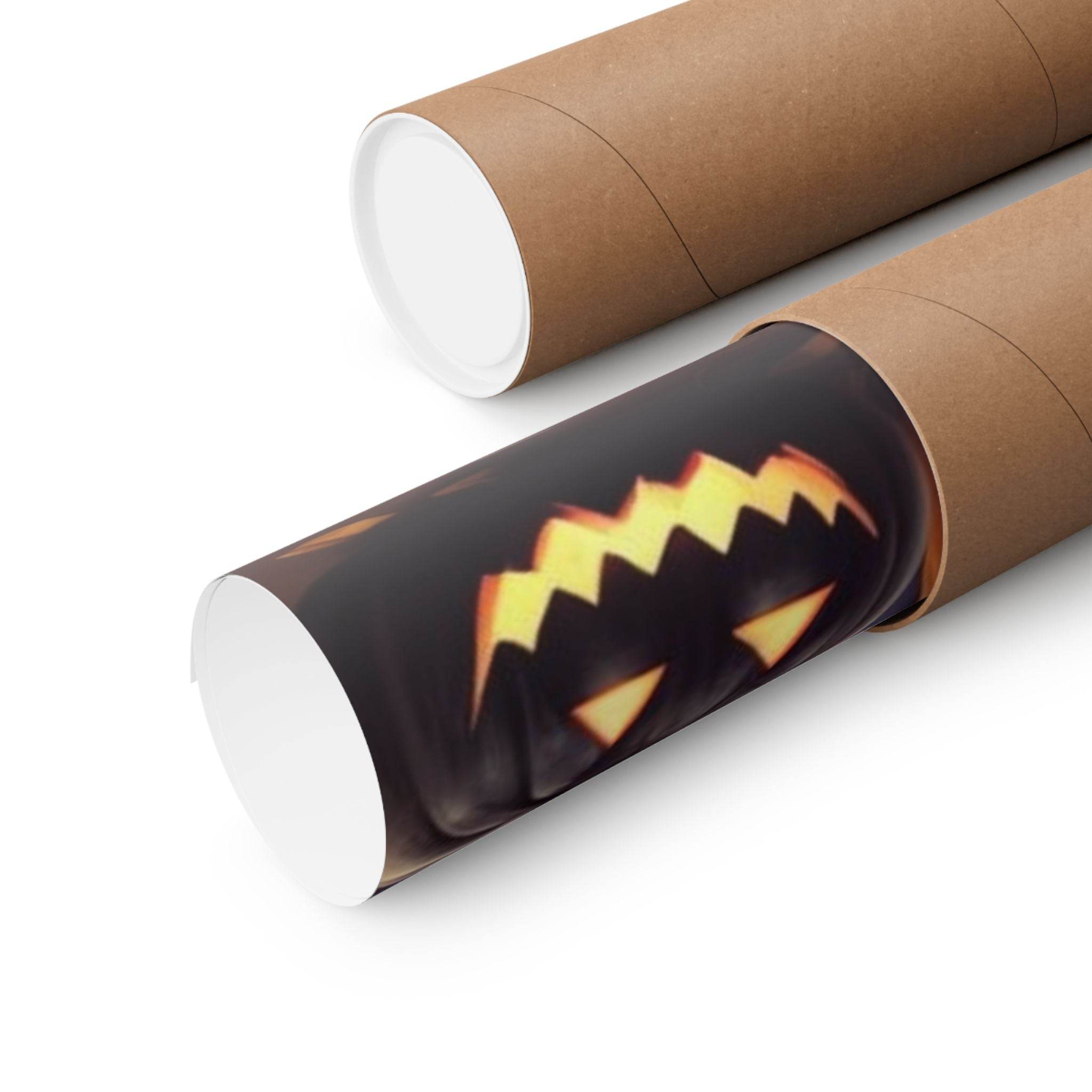 Printify eco-friendly Halloween posters rolled in brown kraft paper tubes with a glowing jack-o-lantern design