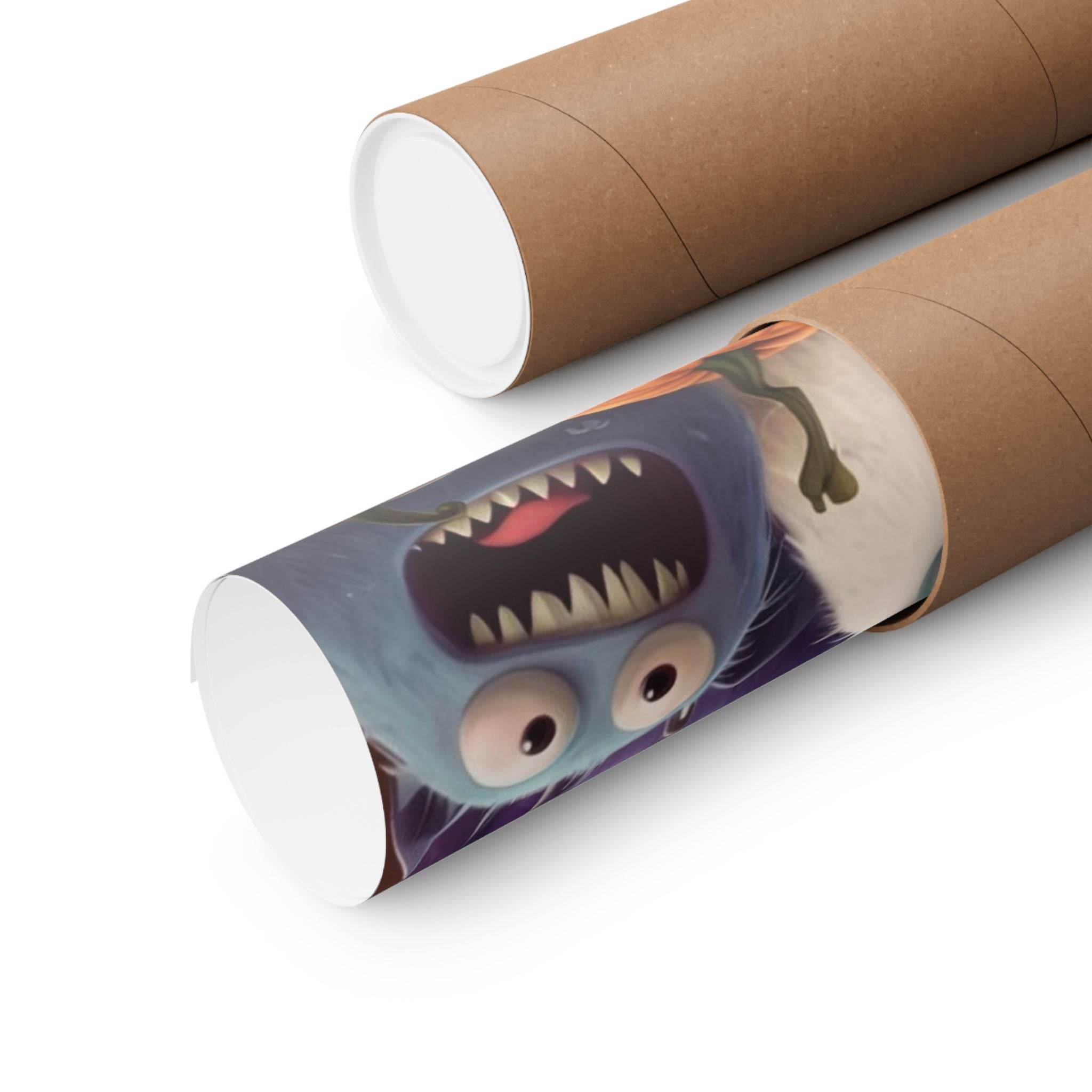 Rolled eco-friendly Halloween posters by Printify featuring spooky monster design in brown shipping tube