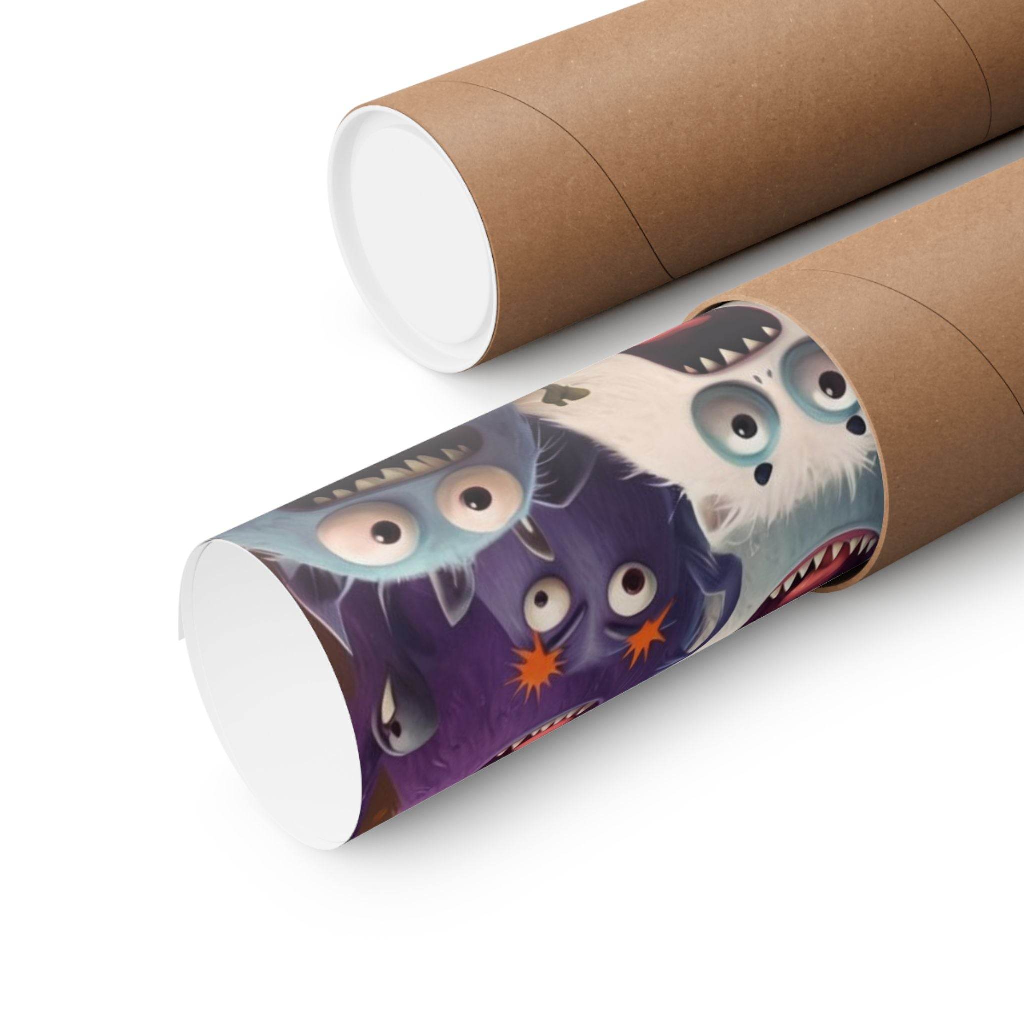 Rolled eco-friendly Halloween posters by Printify featuring colorful spooky monster designs in protective brown tubes