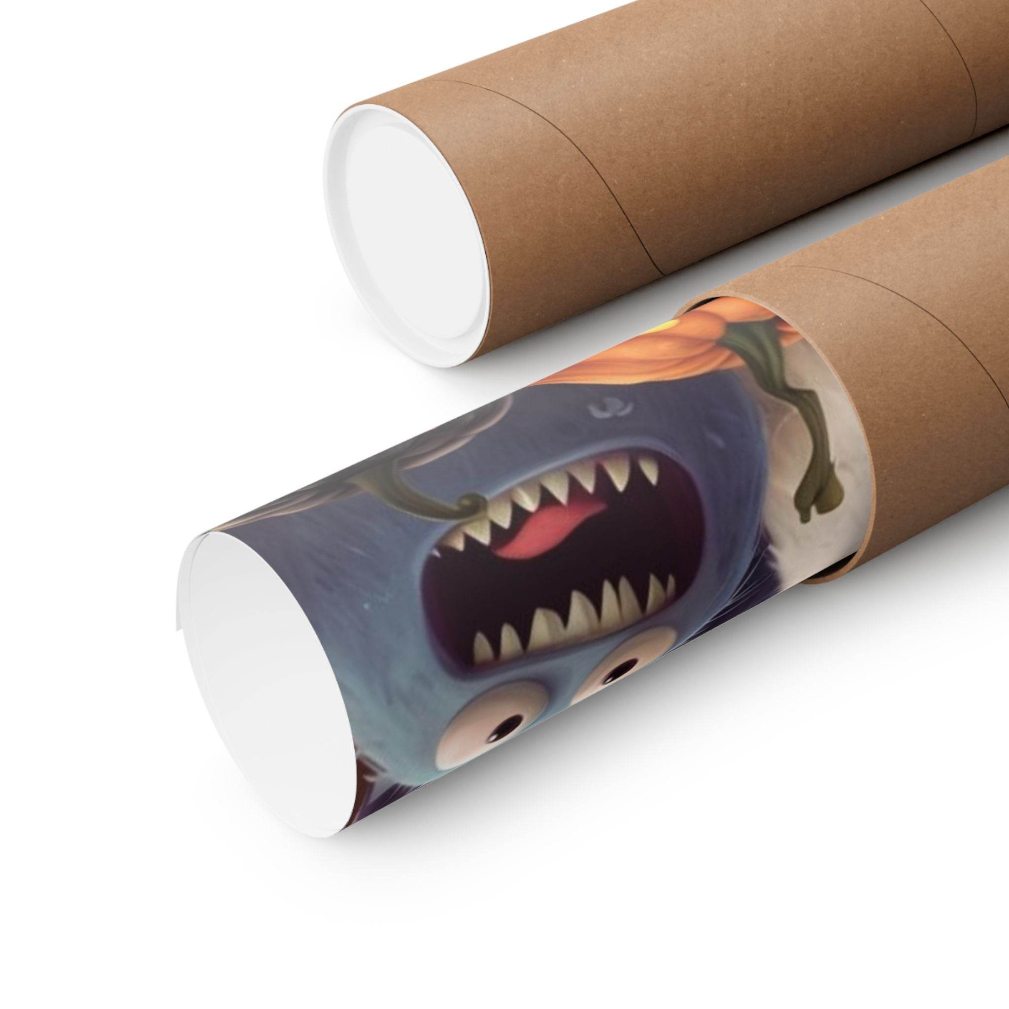Printify eco-friendly Halloween posters rolled in brown kraft paper tubes with monster design