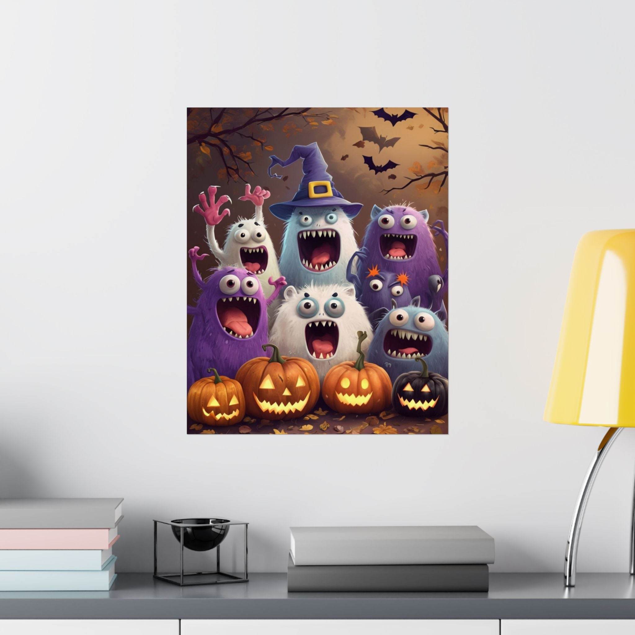 Printify eco-friendly Halloween posters featuring cartoon monsters and jack-o-lanterns on a spooky background