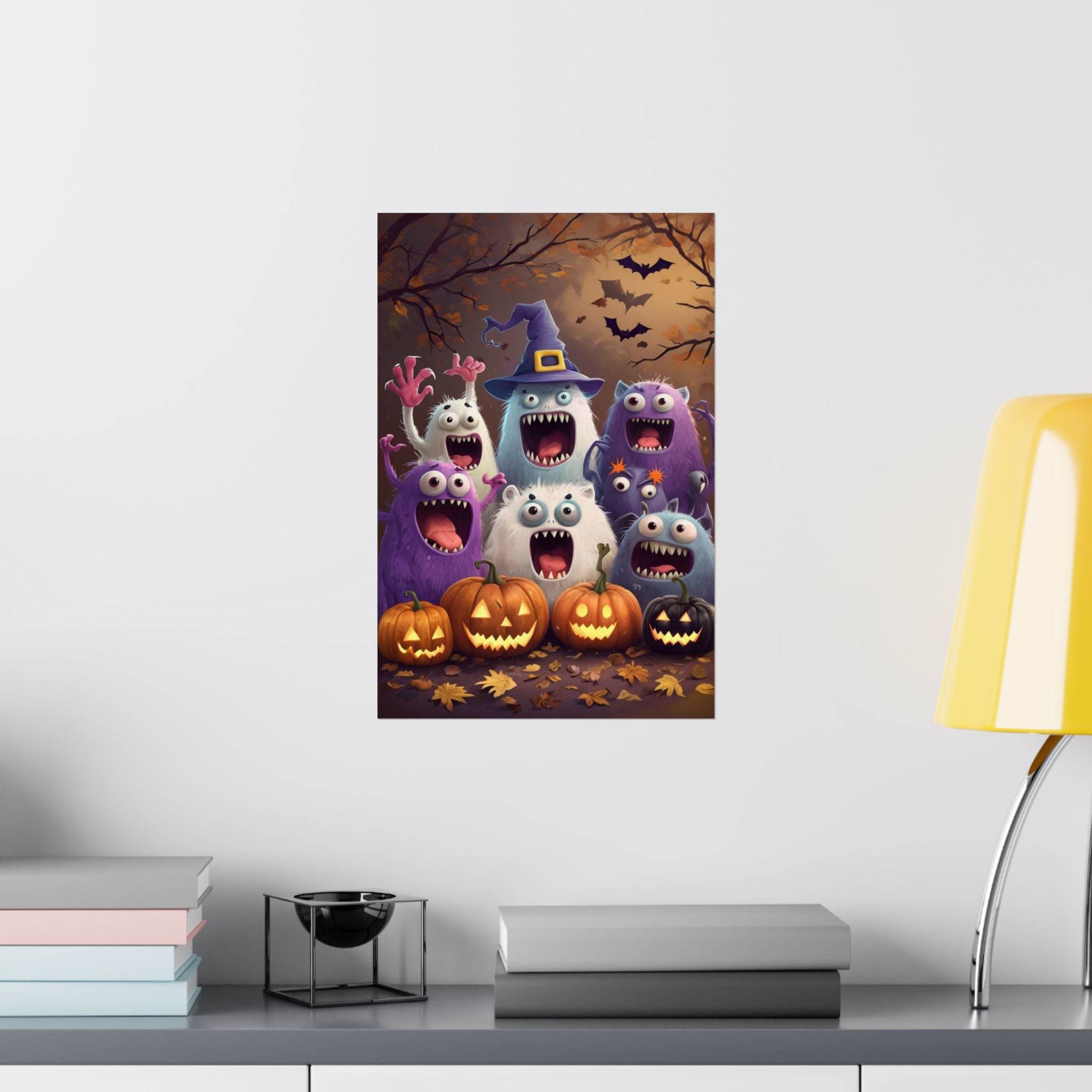 Printify eco-friendly Halloween posters featuring cute monsters and carved pumpkins with bats in the background