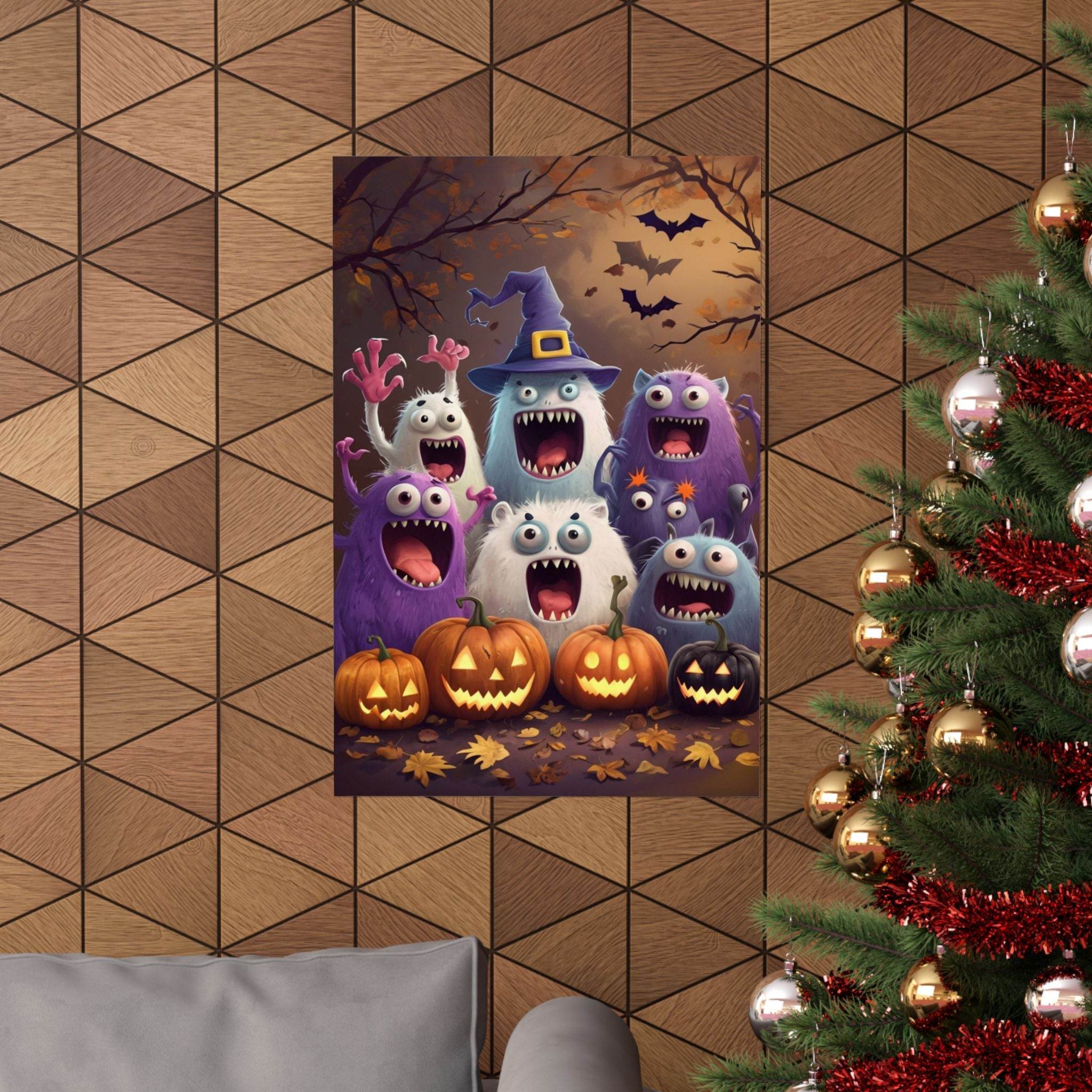 Printify eco-friendly Halloween posters featuring cute monsters with pumpkins and bats on wooden wall