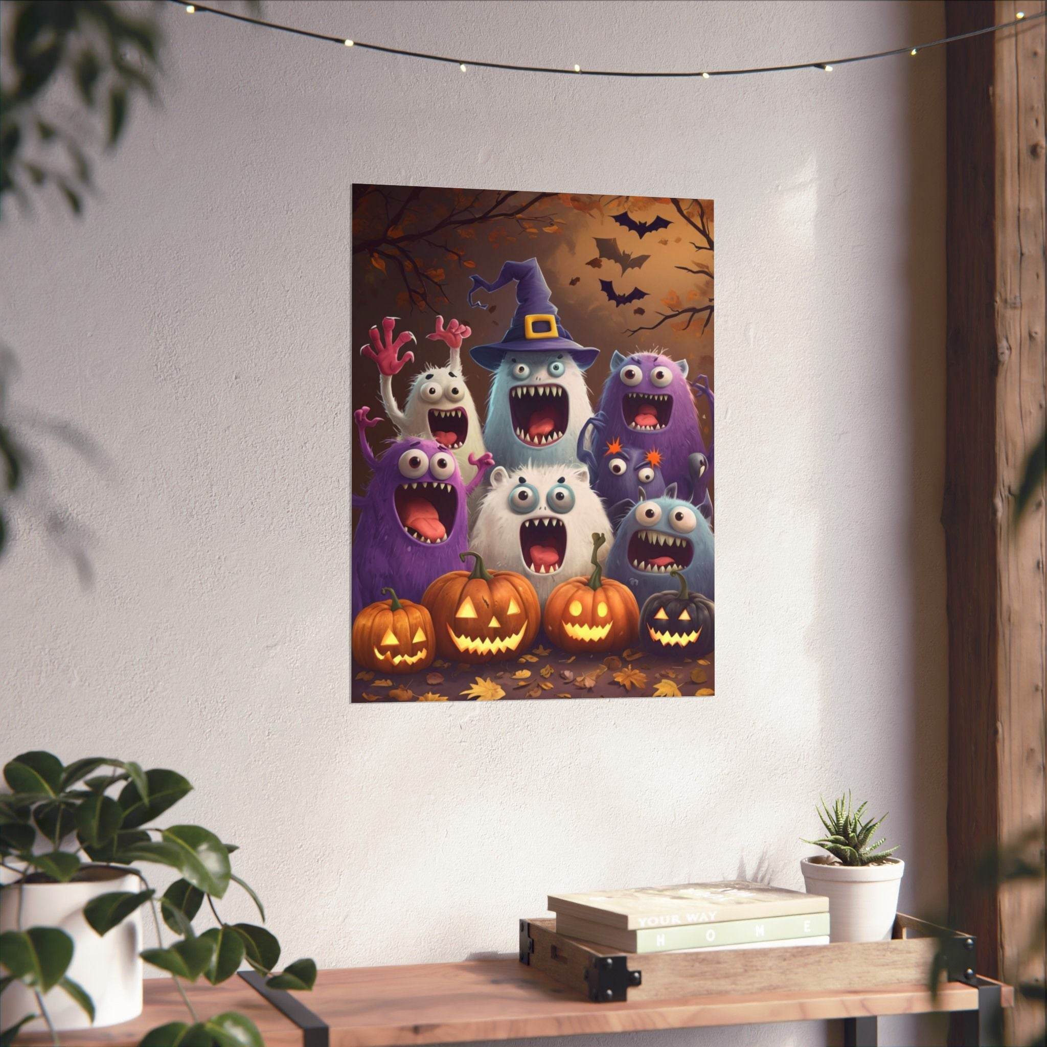 Printify eco-friendly Halloween posters featuring colorful monsters and carved pumpkins on a wall