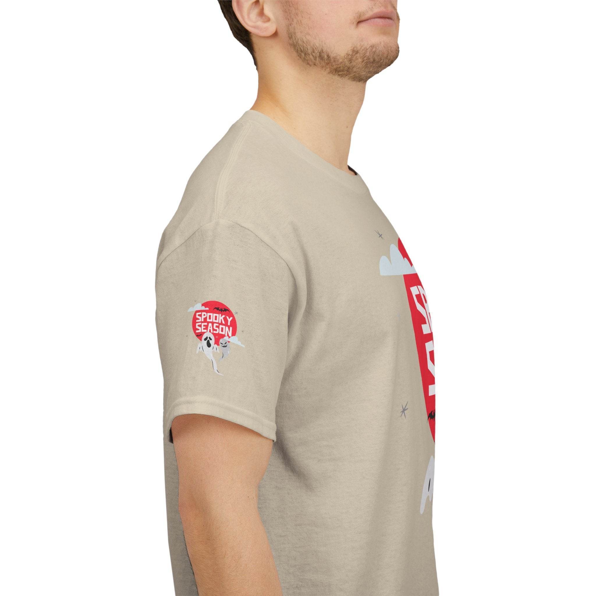 Printify eco-friendly Halloween shirt in beige with spooky season graphic on the sleeve