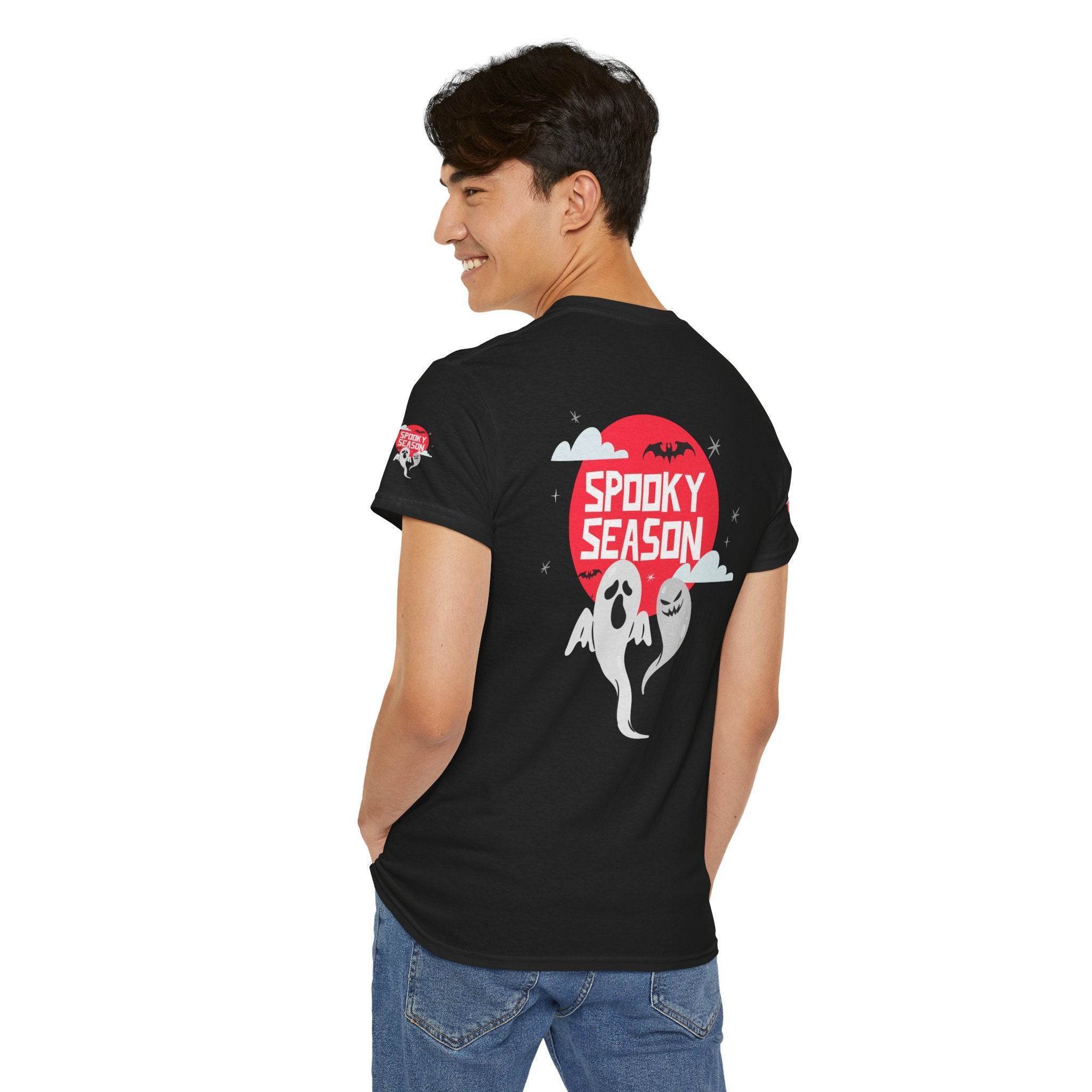 Printify black eco-friendly Halloween shirt with spooky season ghost design on back