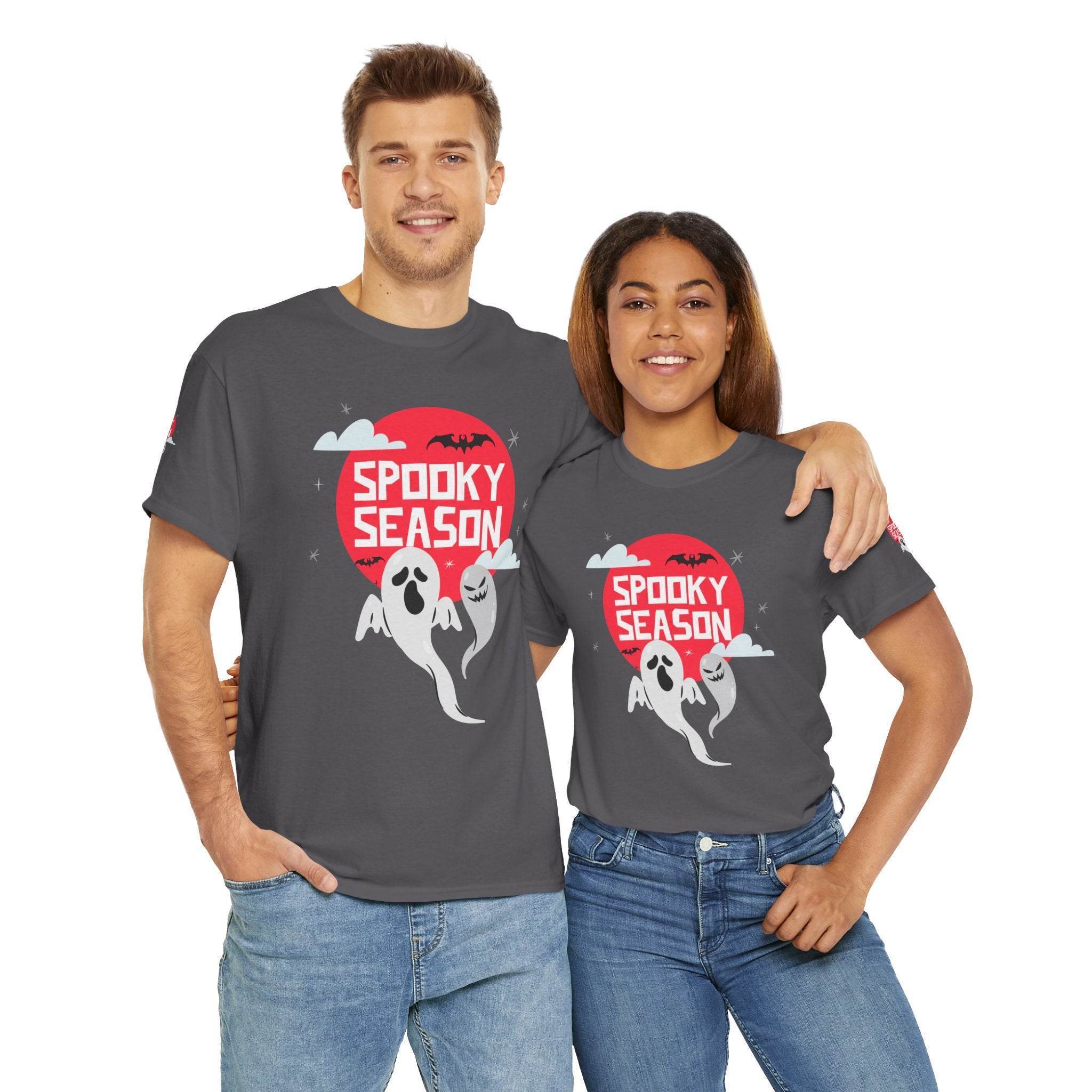 Printify eco-friendly Halloween shirt with spooky ghost design and red moon worn by man and woman