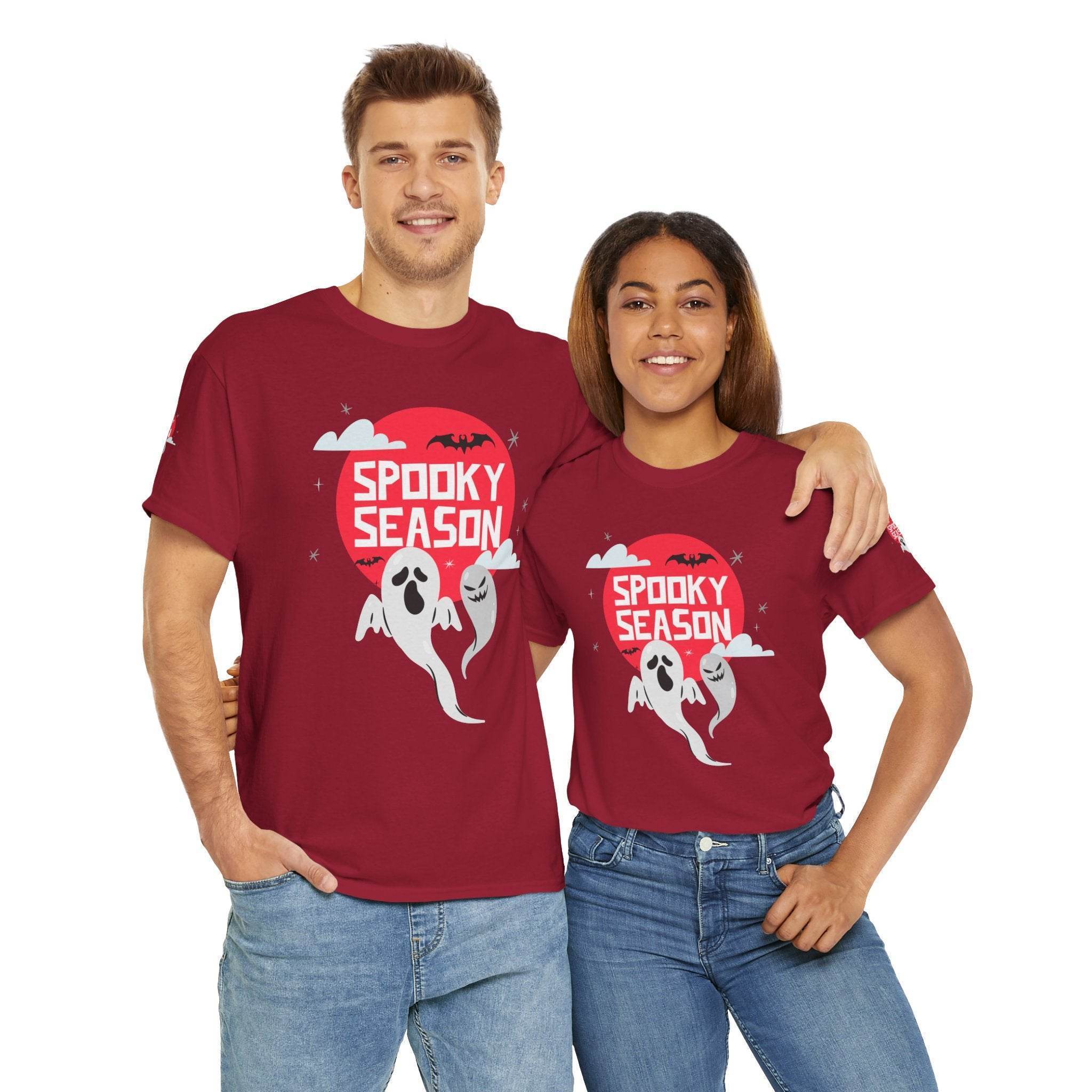 Printify eco-friendly Halloween shirt with spooky season ghost design worn by man and woman