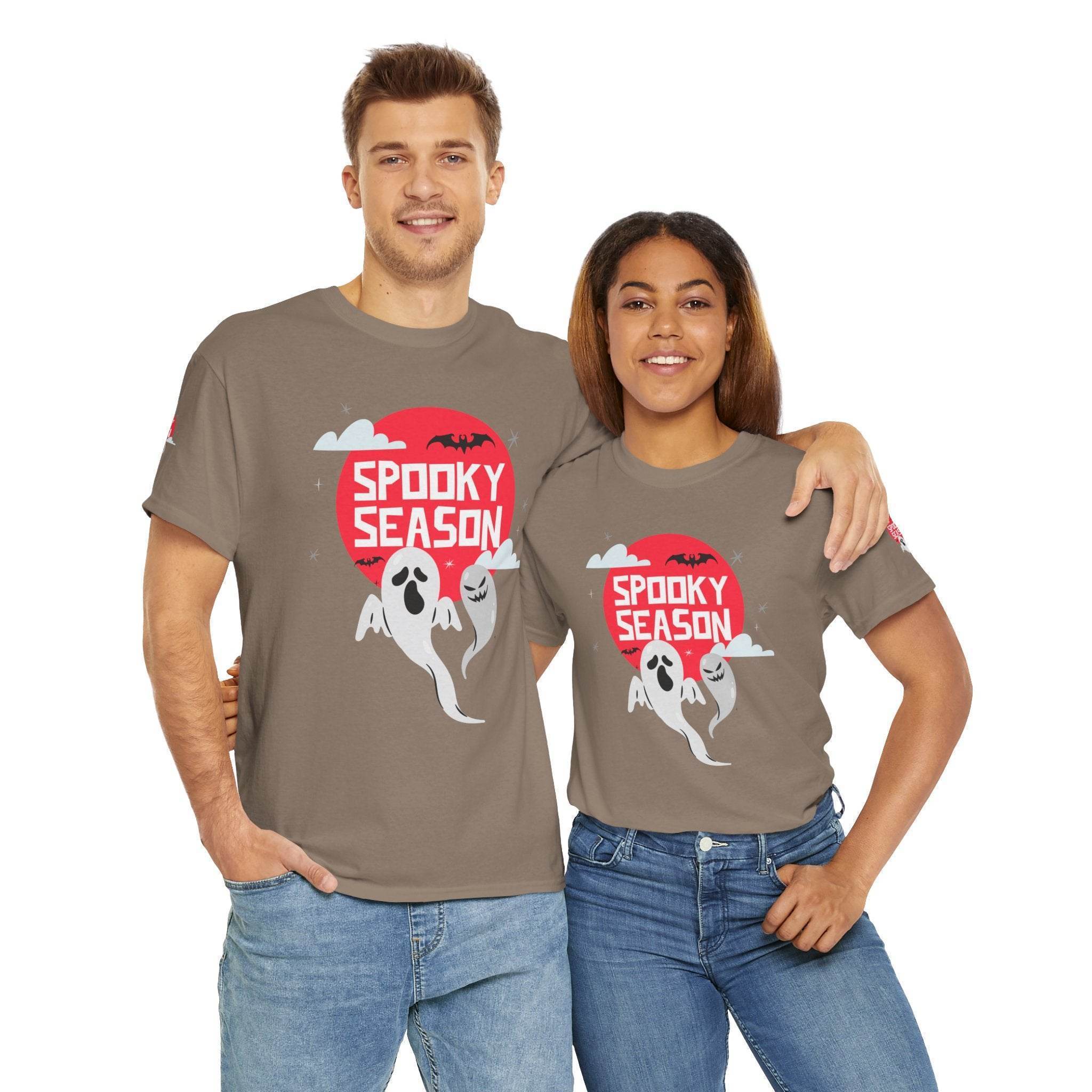 Printify eco-friendly Halloween shirt with spooky ghost design worn by a man and woman