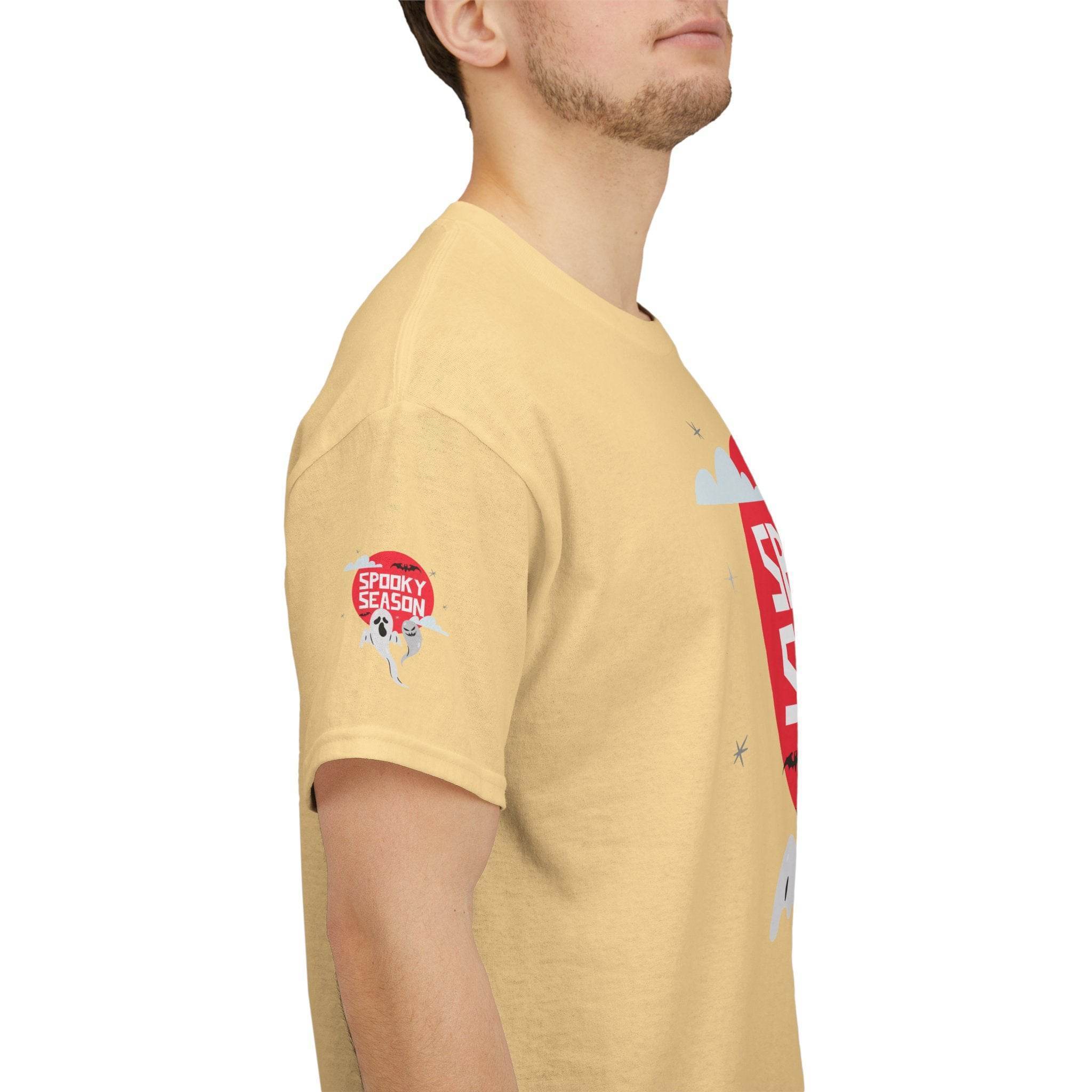 Beige eco-friendly Halloween shirt with spooky season graphic on sleeve by Printify