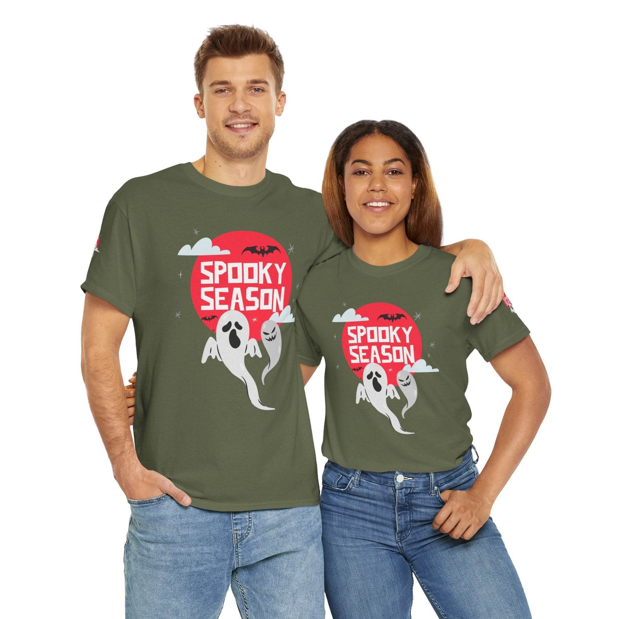 Printify eco-friendly Halloween shirt with spooky ghosts and red moon worn by man and woman