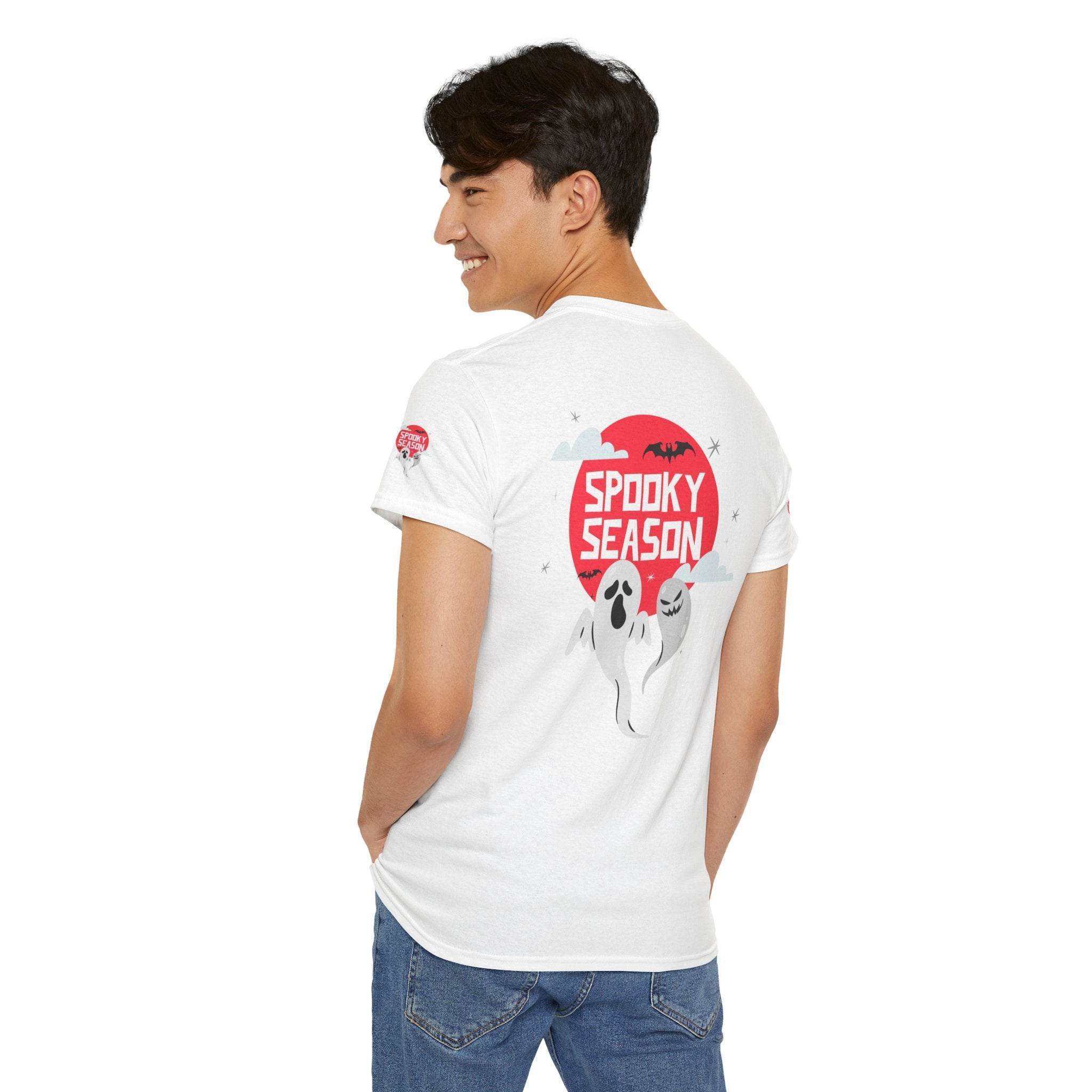 Printify eco-friendly Halloween shirt with spooky season ghost design on back worn by smiling man