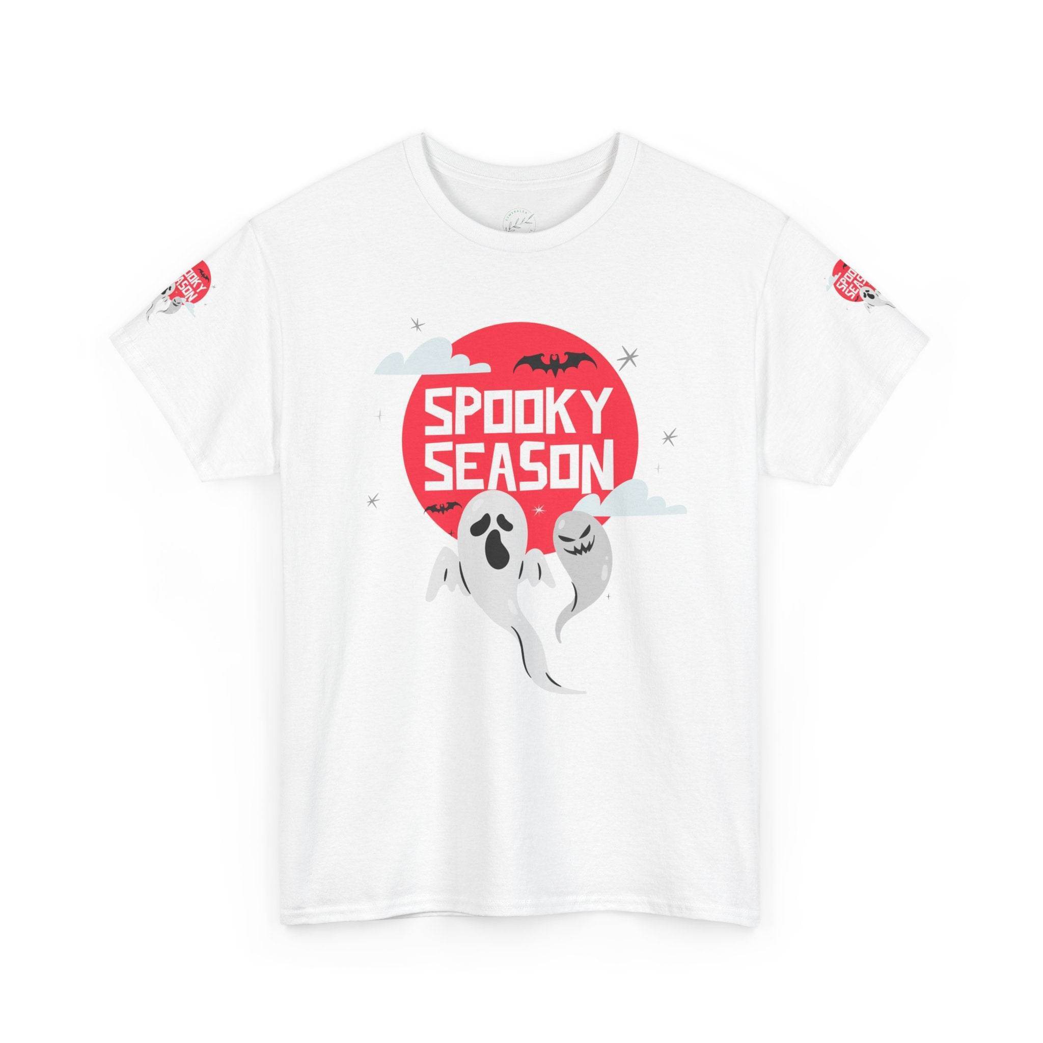 White Printify eco-friendly Halloween shirt with spooky season design featuring ghosts and a red moon