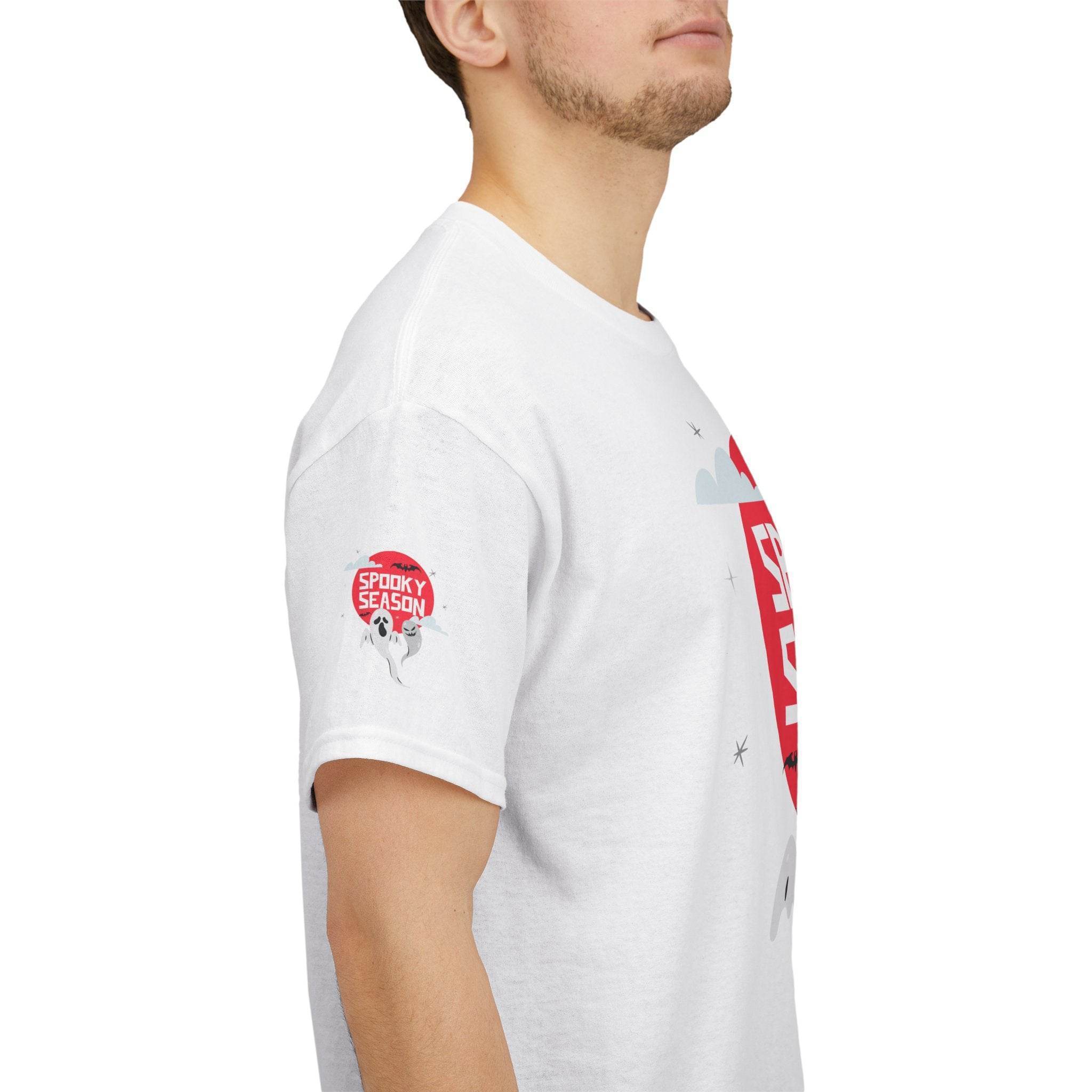 Men's white eco-friendly Halloween shirt by Printify with spooky season design on sleeve