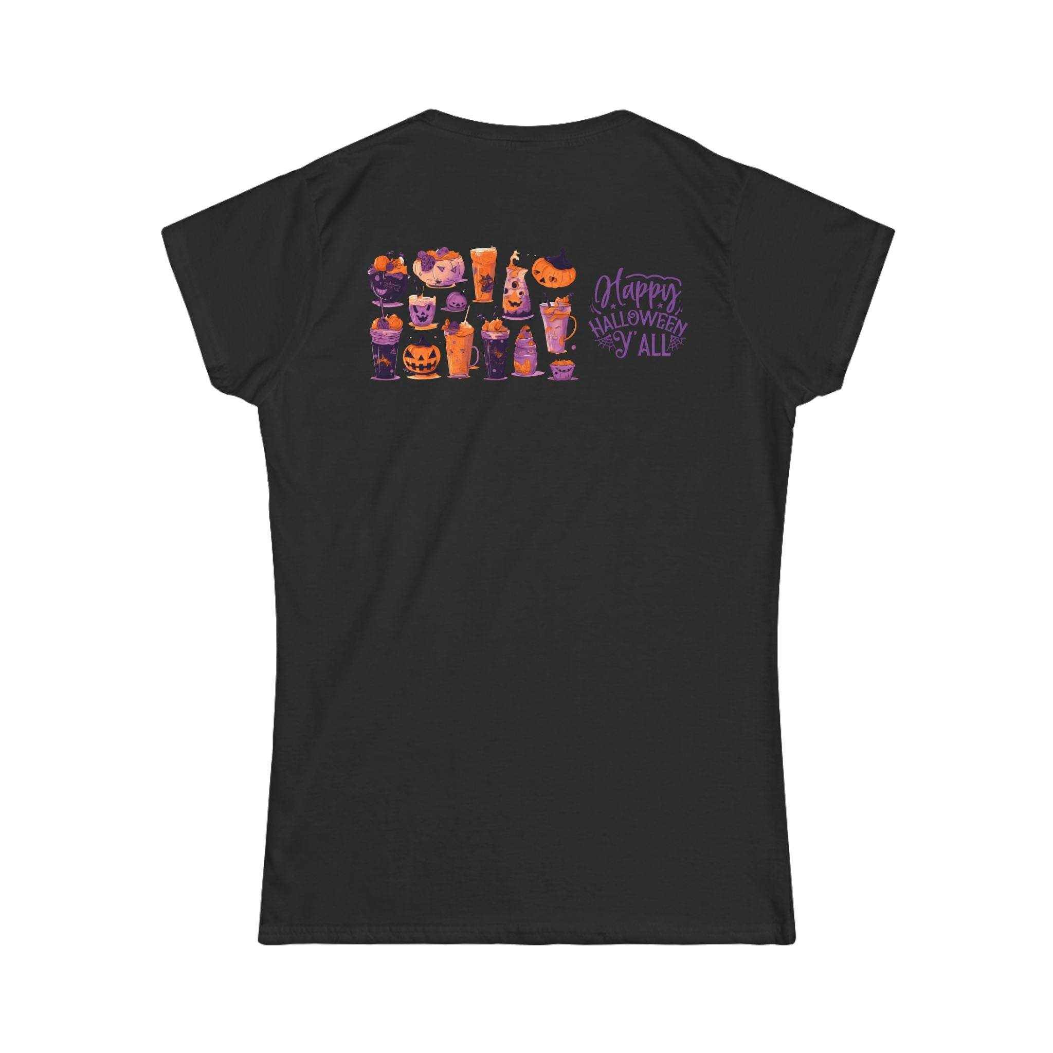 Black eco-friendly Halloween t-shirt for women with colorful spooky drinks and Happy Halloween text