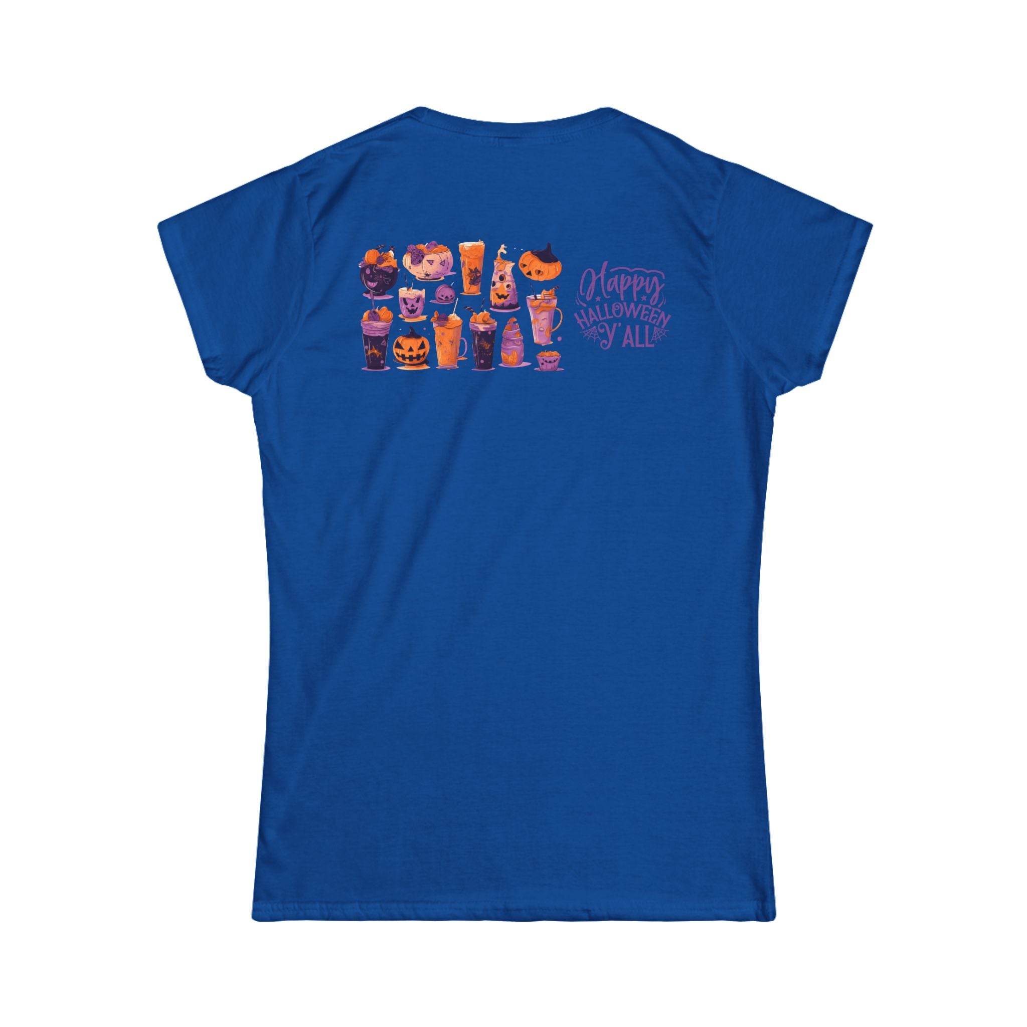 Blue eco-friendly Halloween t-shirt for women with festive Halloween-themed drinks and Happy Halloween Y’all text