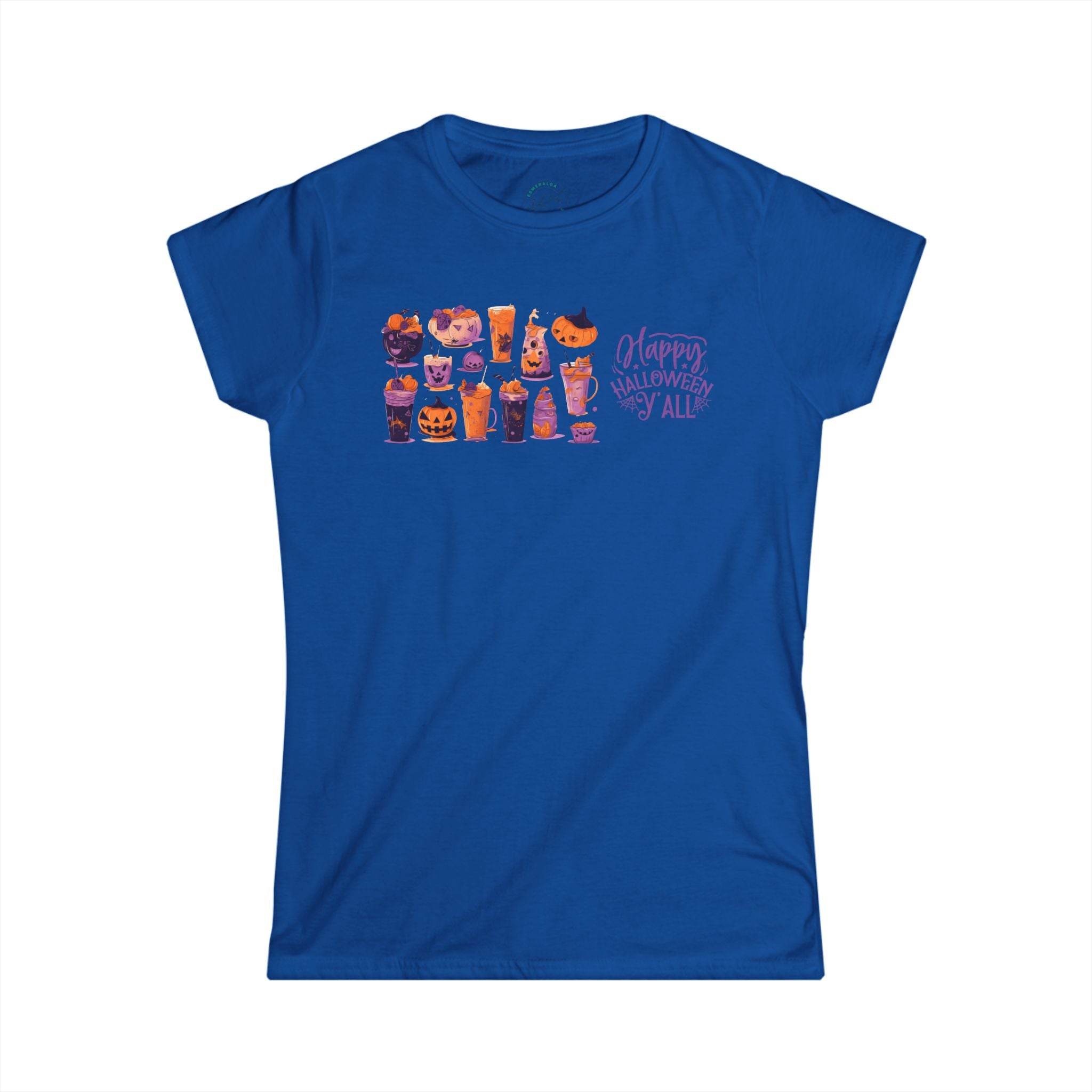 Printify eco-friendly Halloween t-shirt for women in blue with festive pumpkin and drink graphics