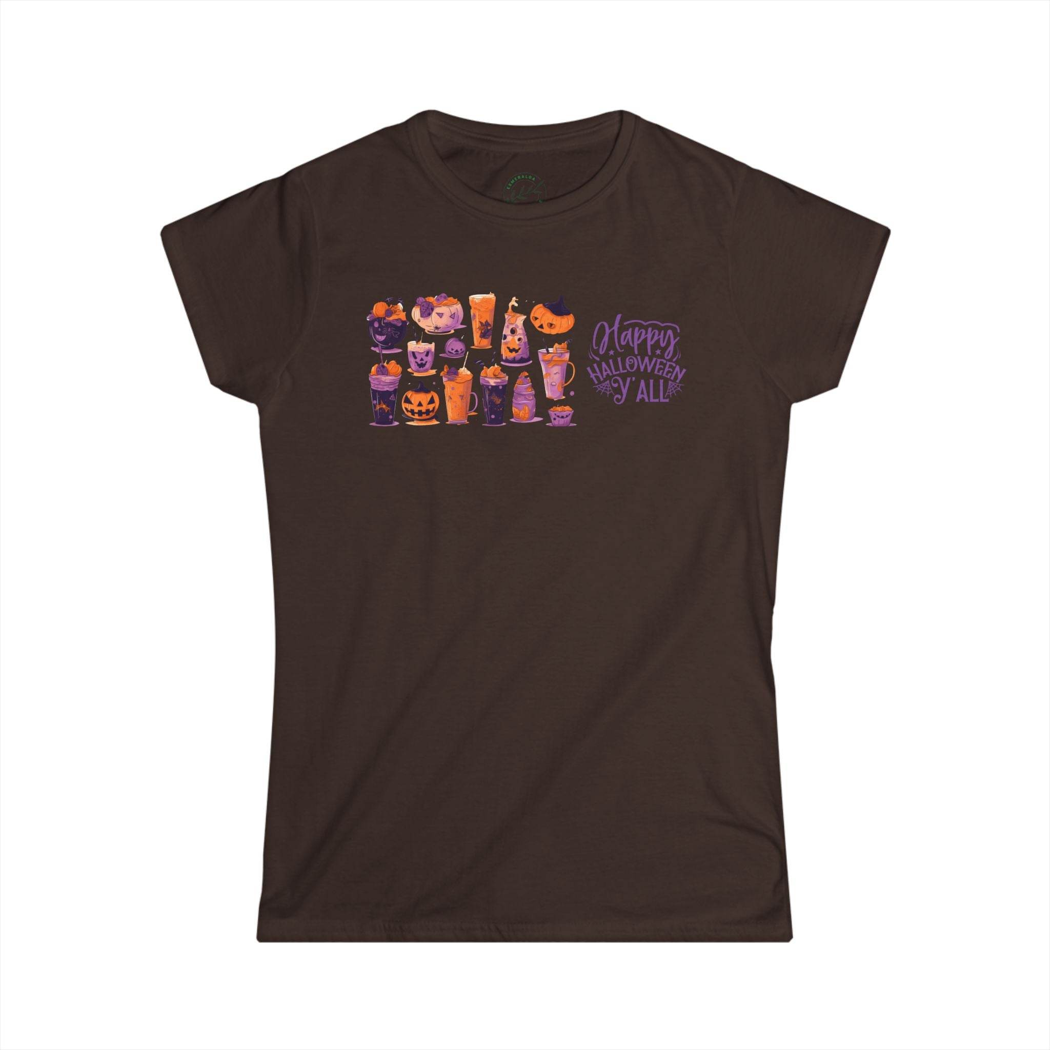 Printify eco-friendly Halloween t-shirt for women with festive pumpkin and drink designs