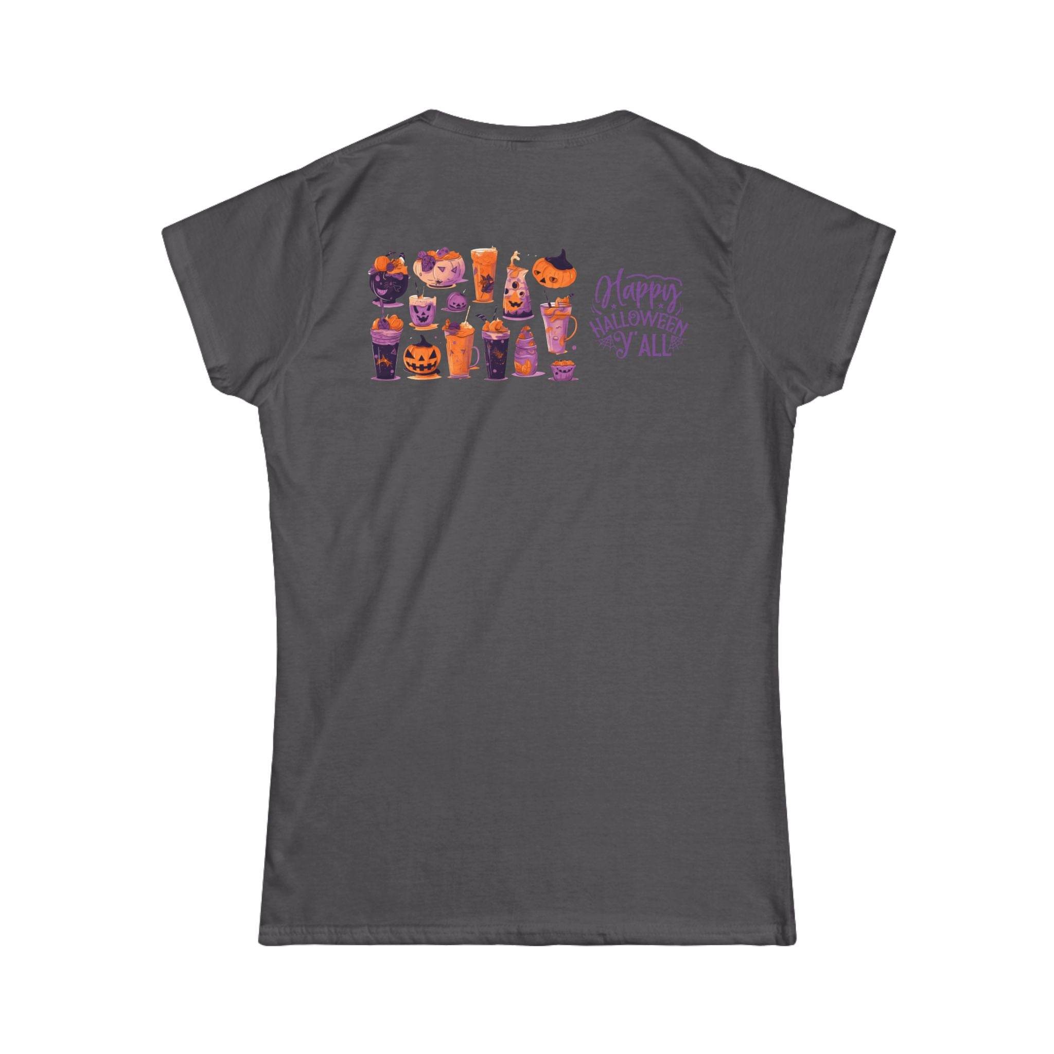 Printify eco-friendly Halloween t-shirt for women with colorful spooky drinks and Happy Halloween text on back