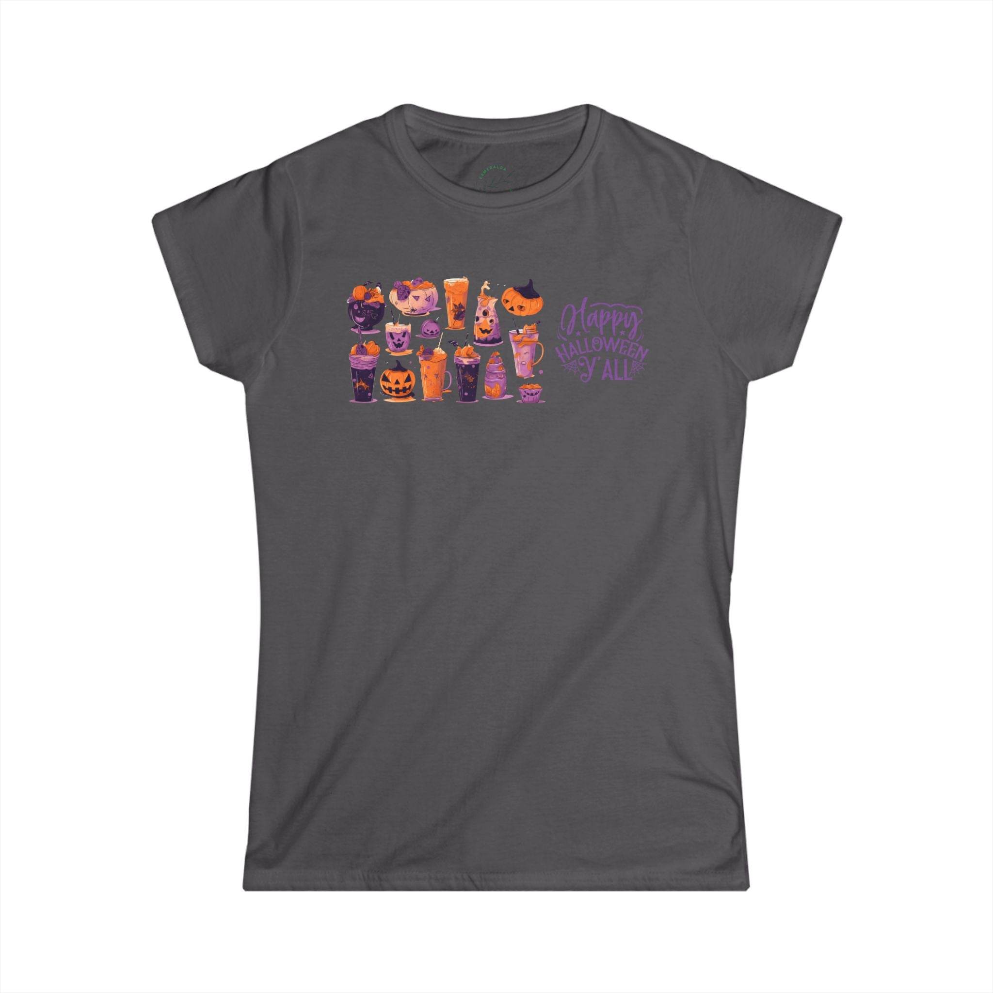 Printify eco-friendly Halloween t-shirt for women with festive pumpkin and candy designs on dark gray fabric