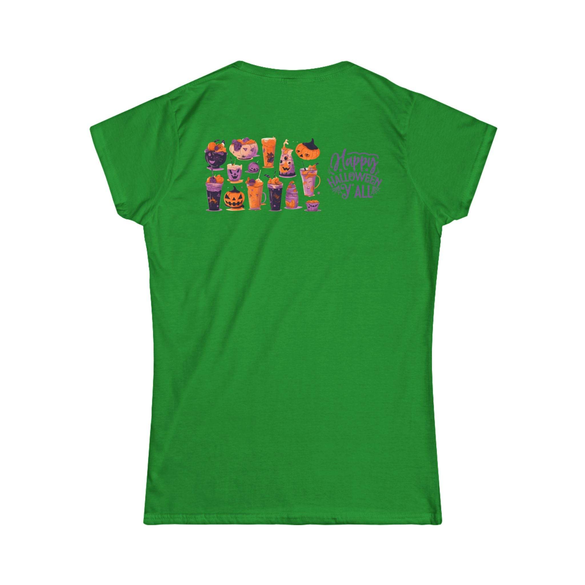 Green eco-friendly Halloween t-shirt for women with colorful spooky Halloween drink designs