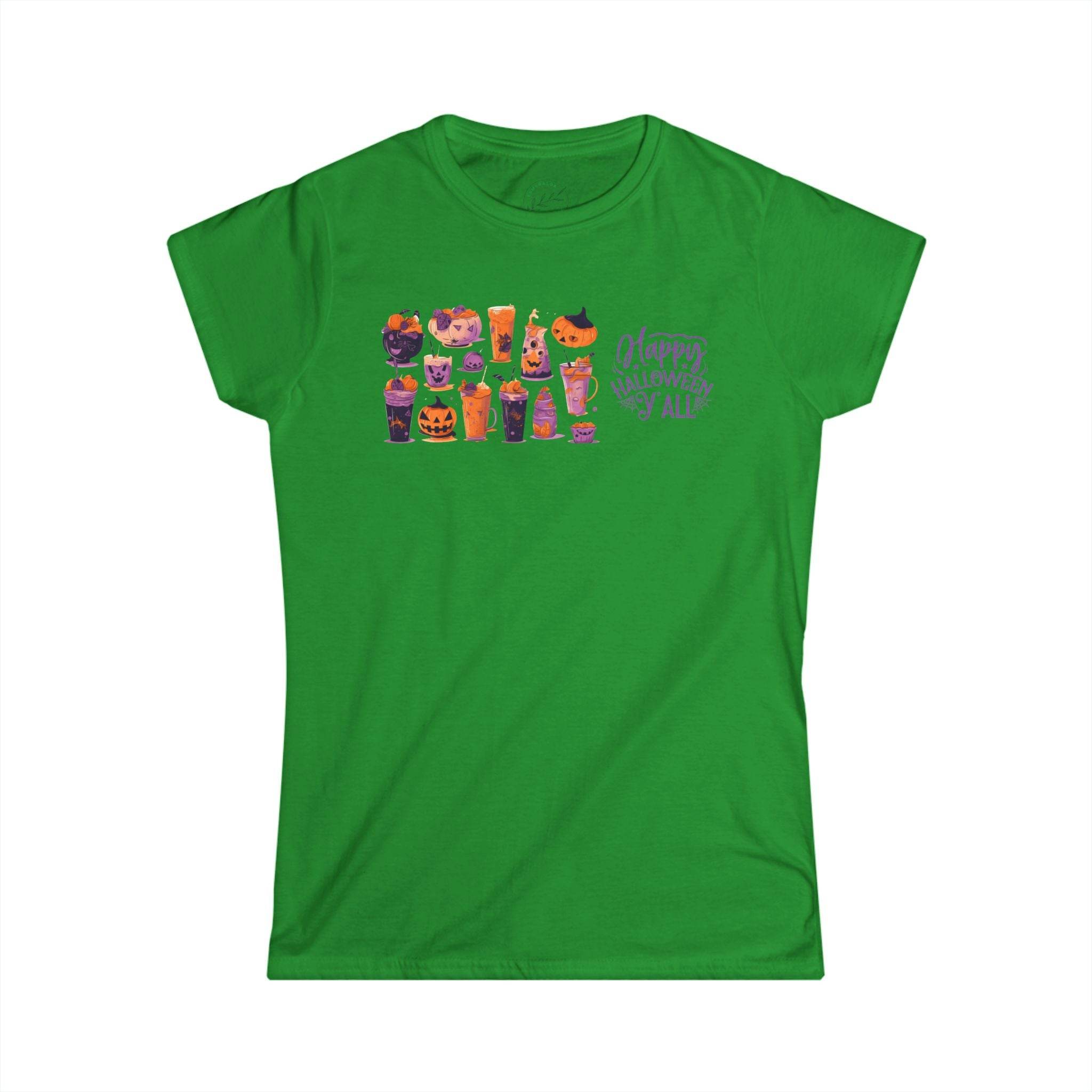 Printify green eco-friendly Halloween t-shirt for women with colorful spooky drink illustrations