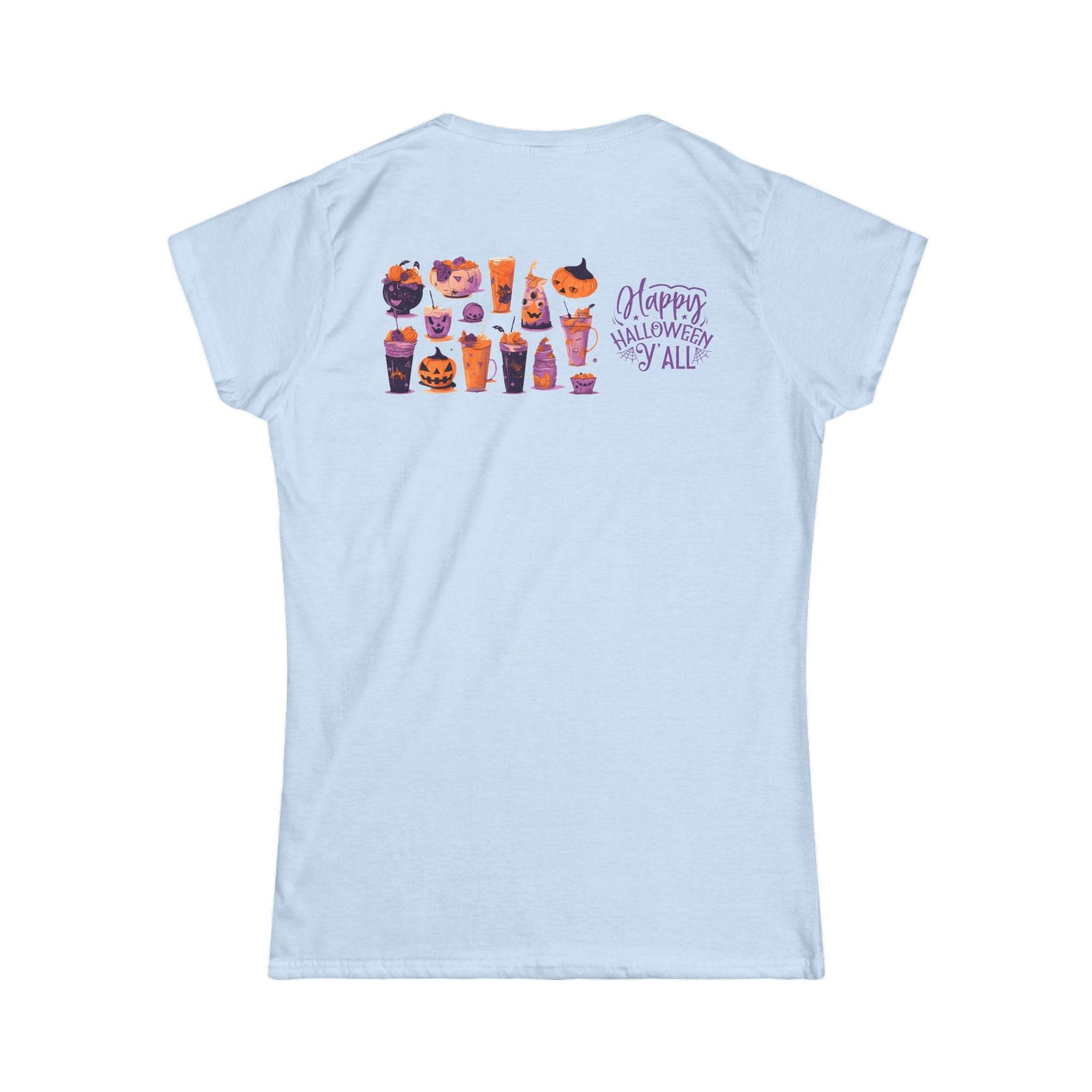 Light blue Printify eco-friendly Halloween t-shirt for women with festive spooky drink illustrations
