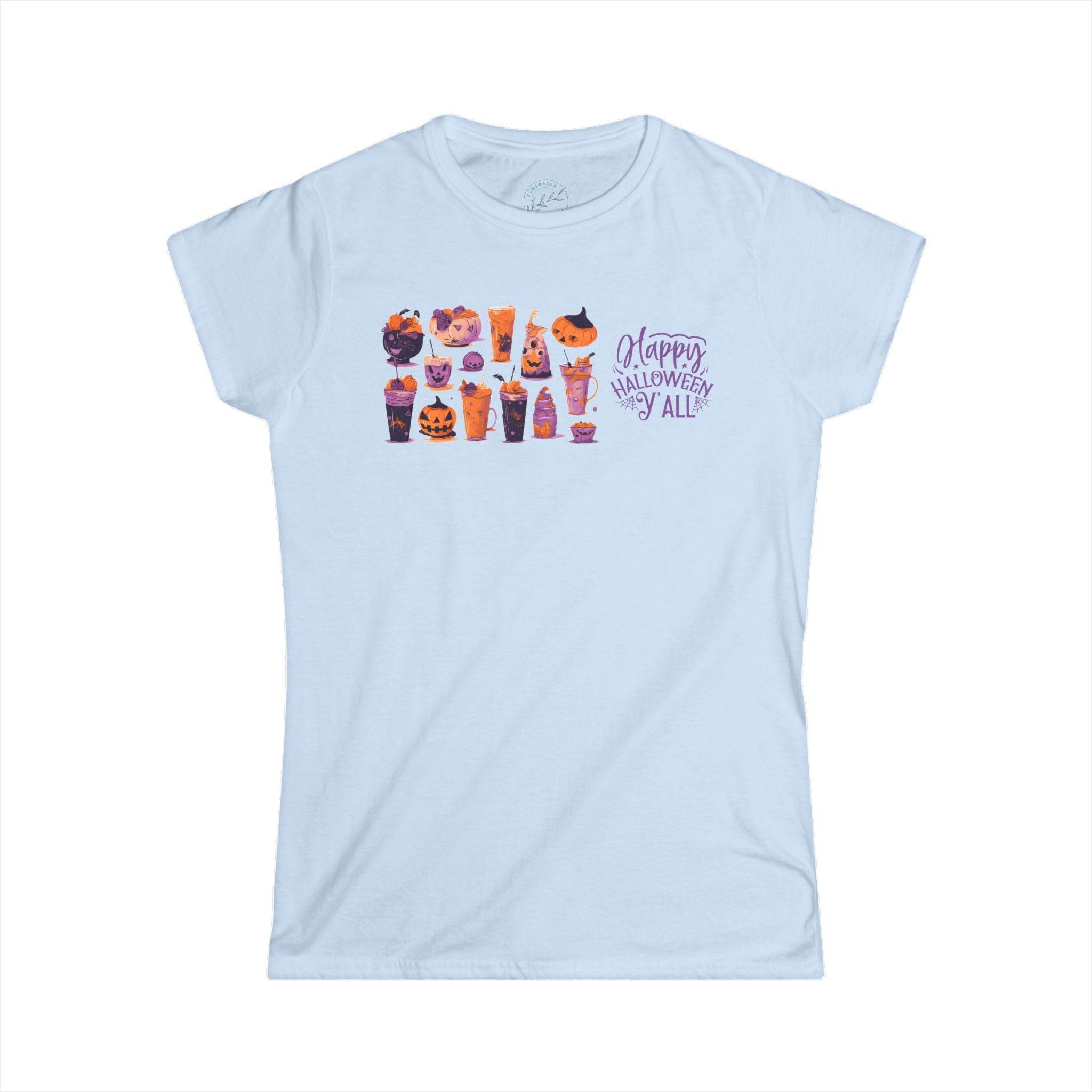 Printify eco-friendly Halloween t-shirt for women with festive pumpkin and candy design on light blue fabric