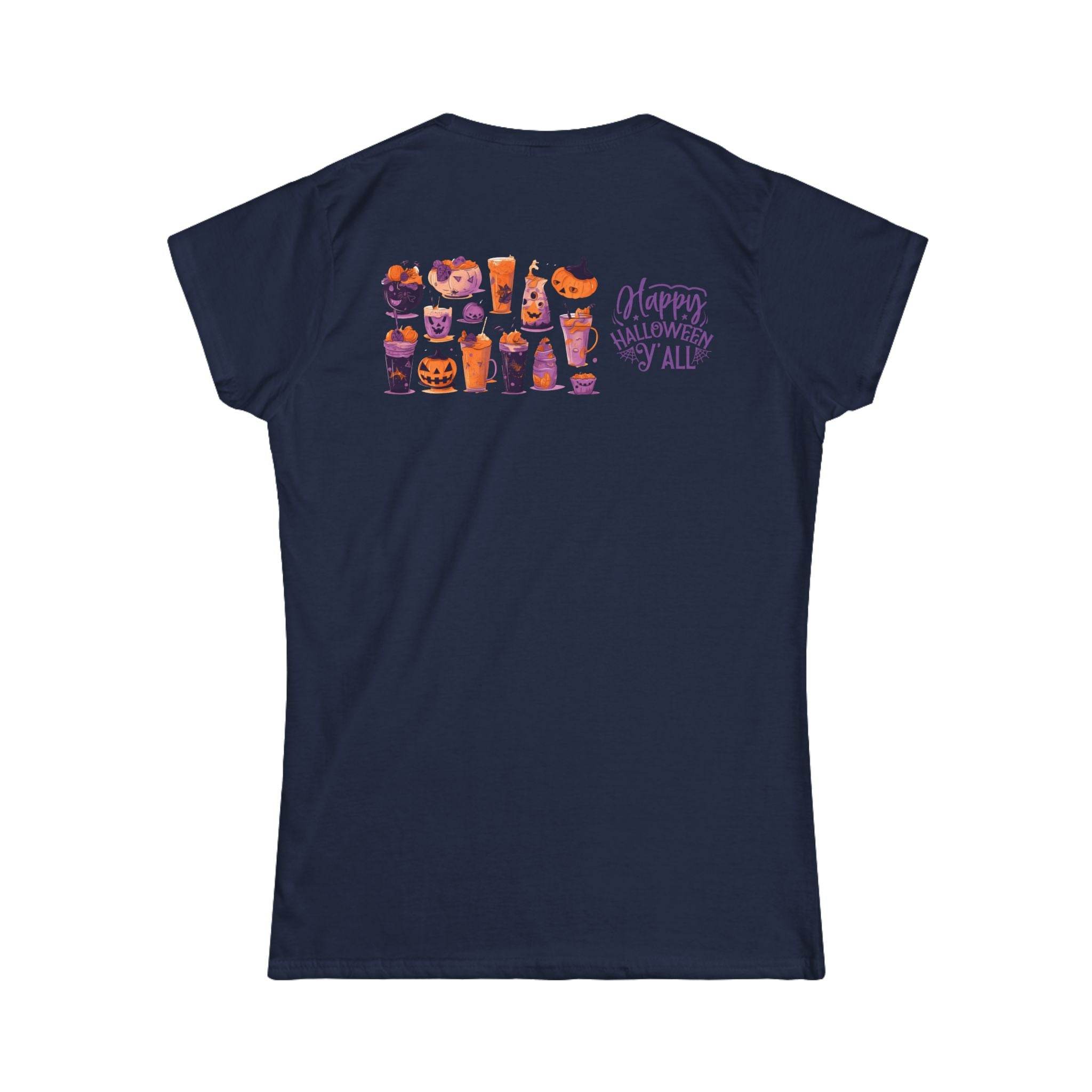 Eco-friendly Halloween t-shirt for women in navy with cute Halloween drink illustrations and Happy Halloween text