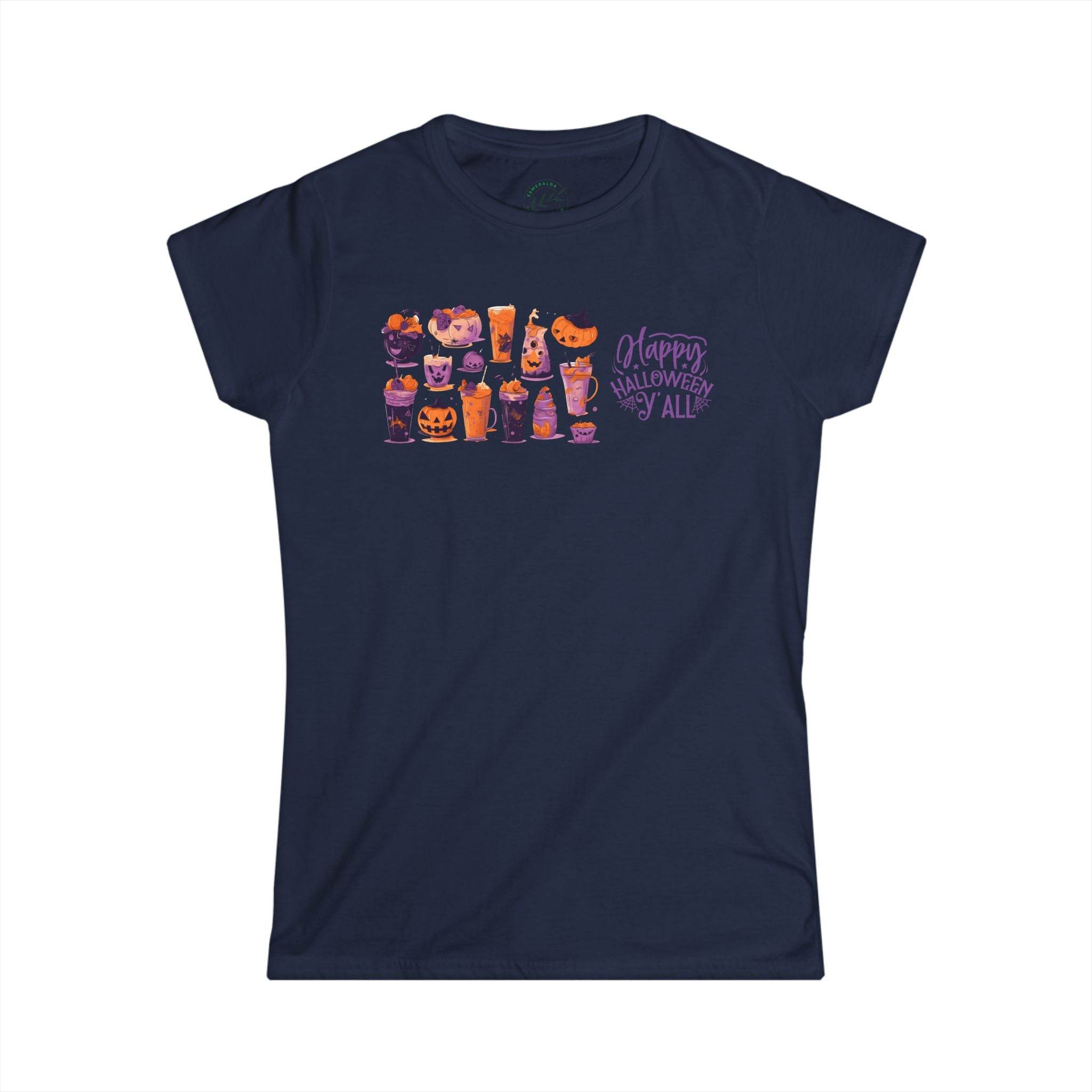 Printify navy eco-friendly Halloween t-shirt for women with festive pumpkin and drink illustrations