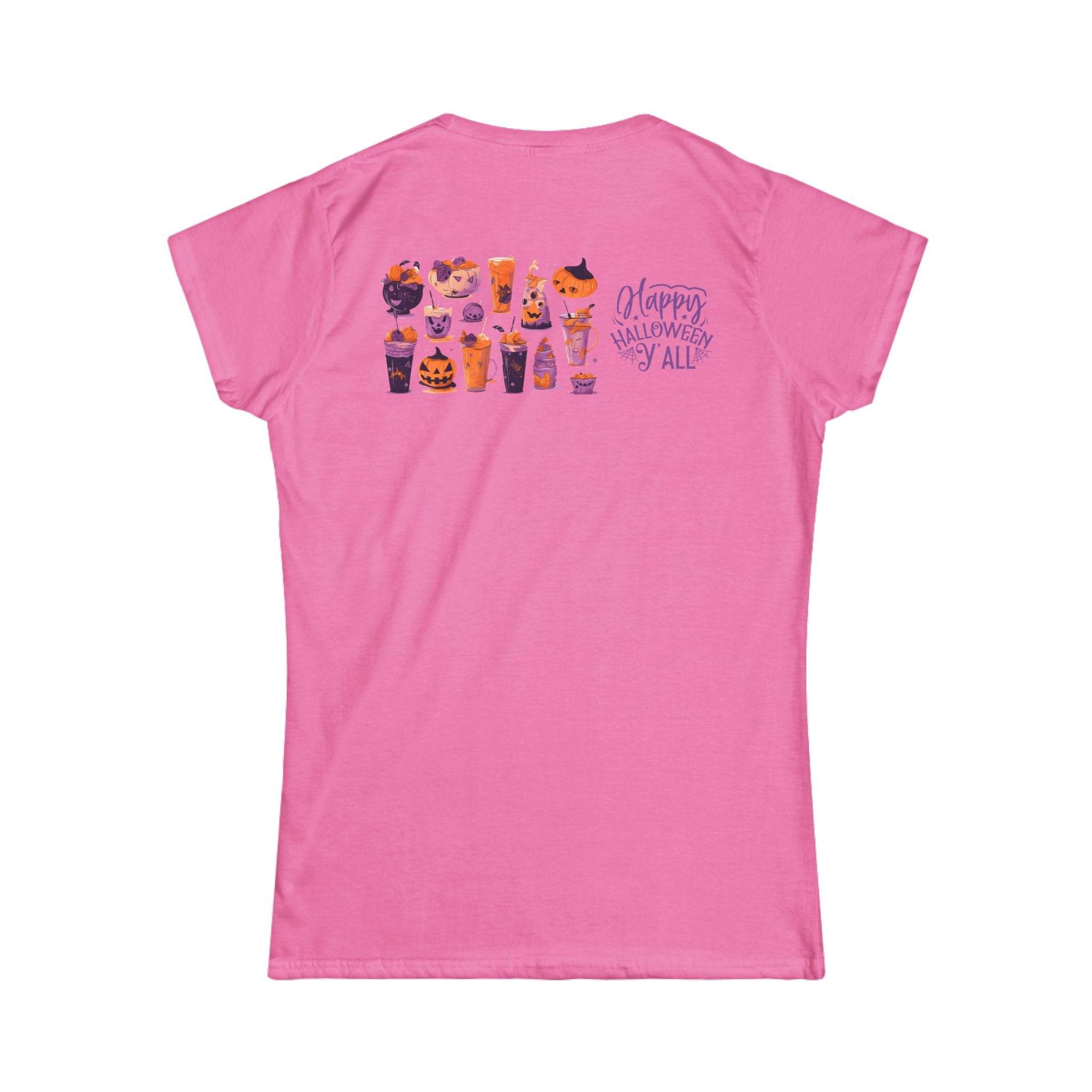 Pink eco-friendly Halloween t-shirt for women with festive pumpkin and candy designs on back