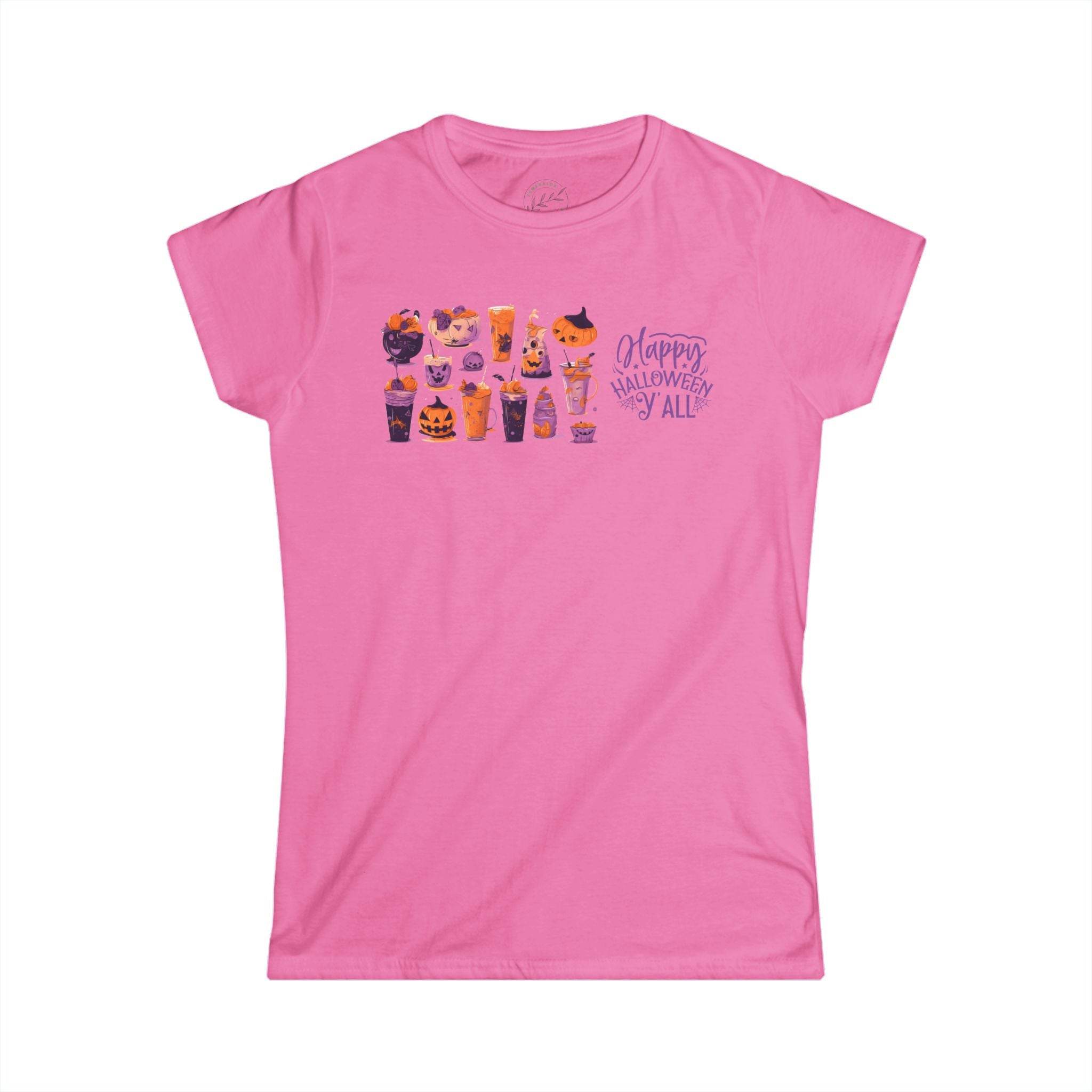 Pink Printify eco-friendly Halloween t-shirt for women with festive pumpkin and candy design