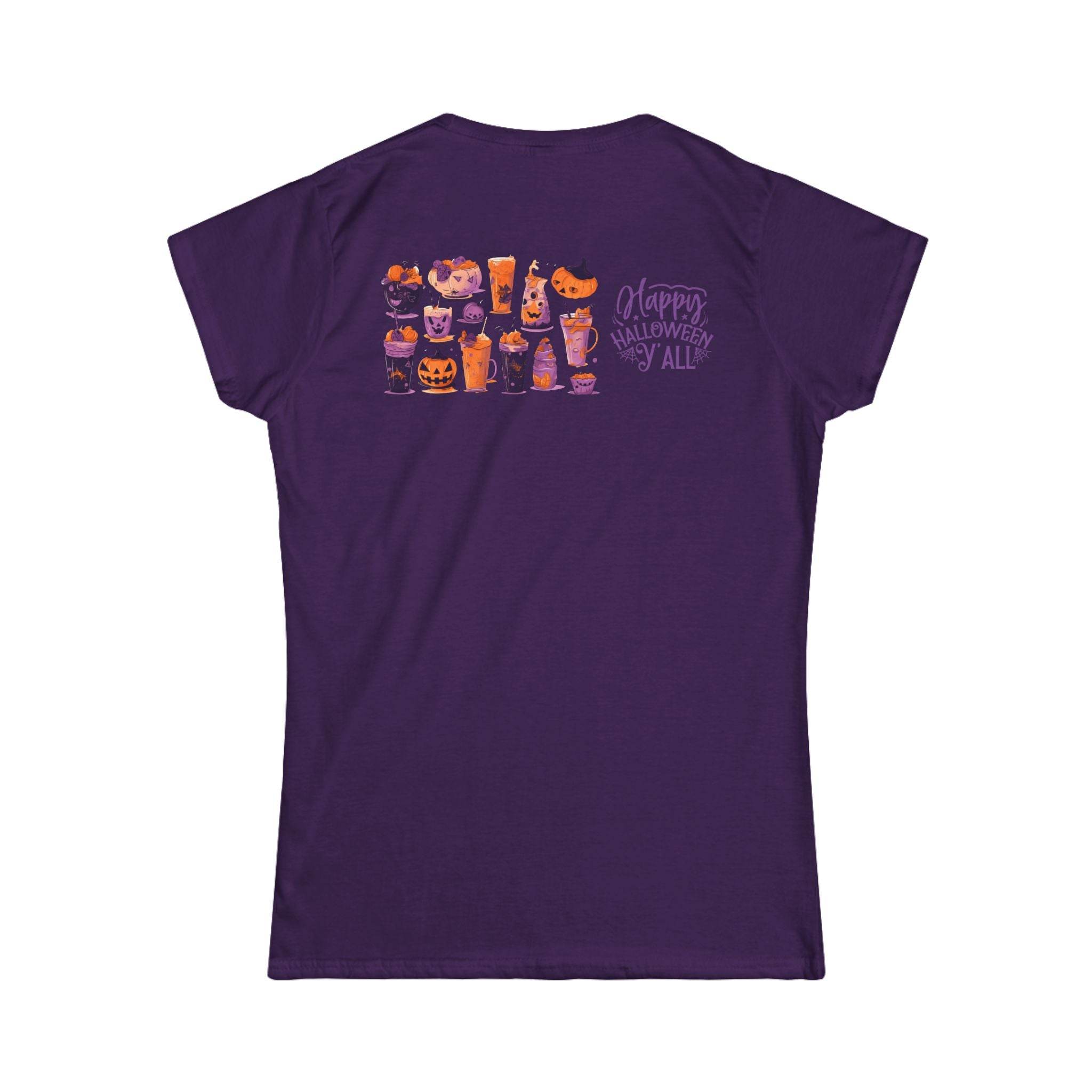 Purple eco-friendly Halloween t-shirt for women with festive Halloween drinks and Happy Halloween Yall text