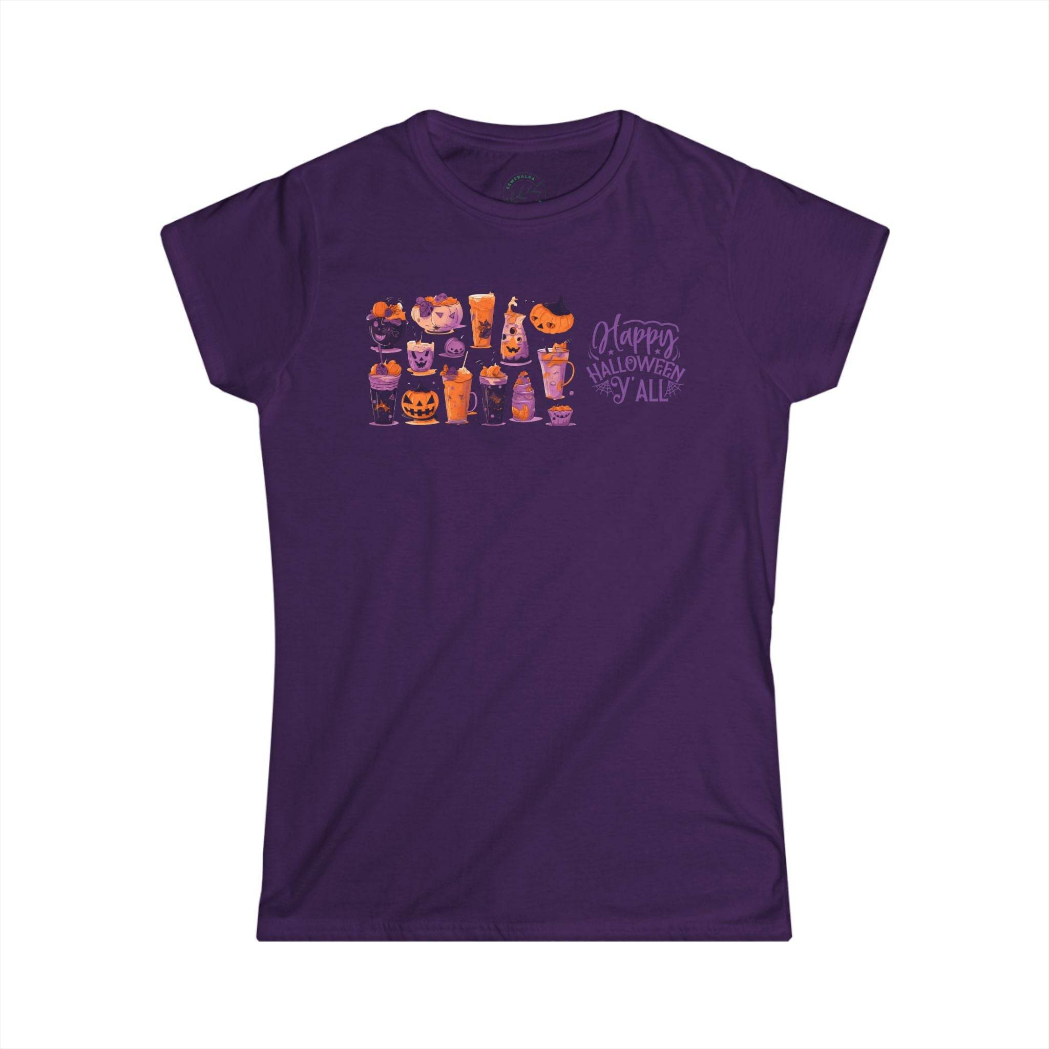 Purple Printify eco-friendly Halloween t-shirt for women with festive pumpkin and drink designs