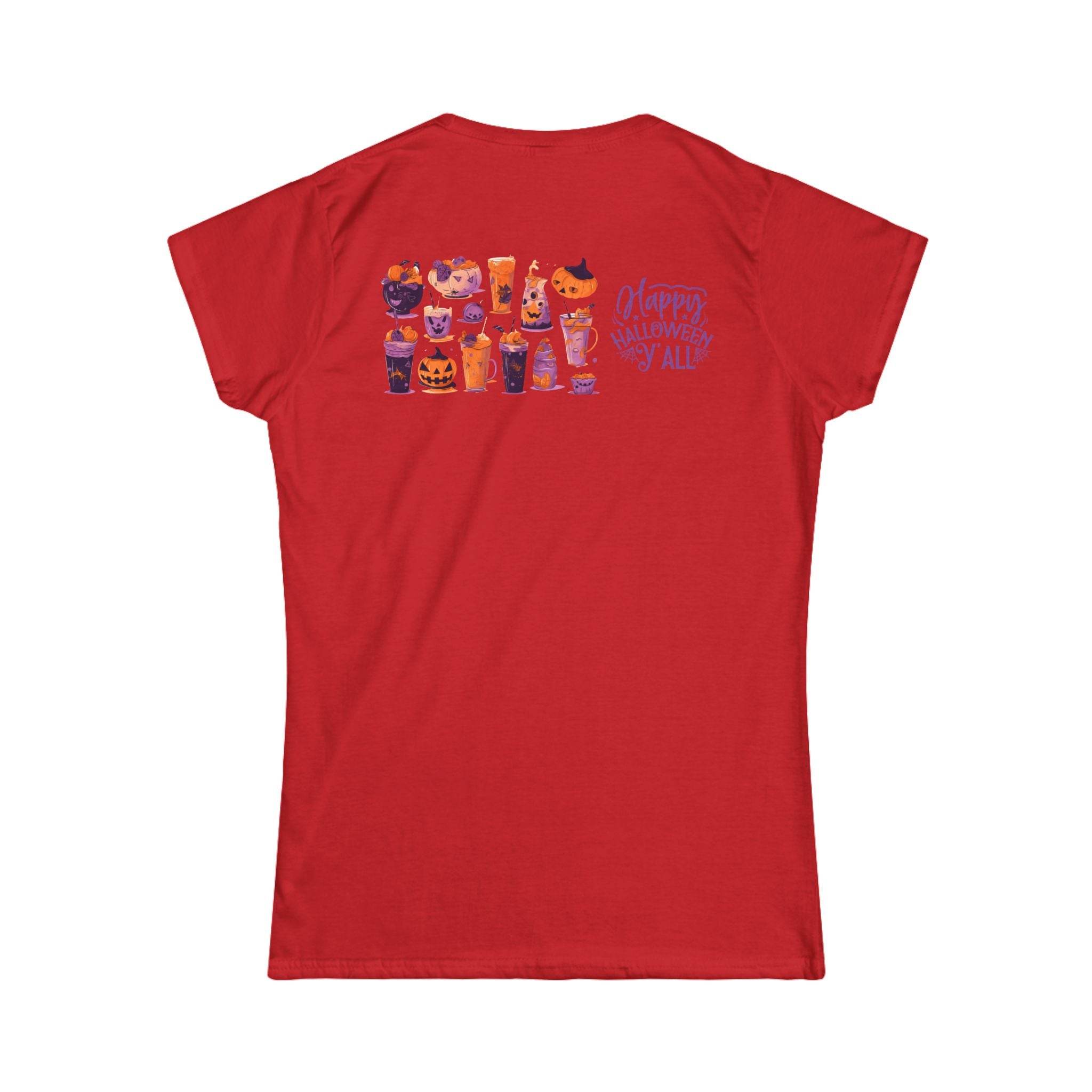 Printify eco-friendly Halloween t-shirt for women in red with festive spooky drink illustrations on back