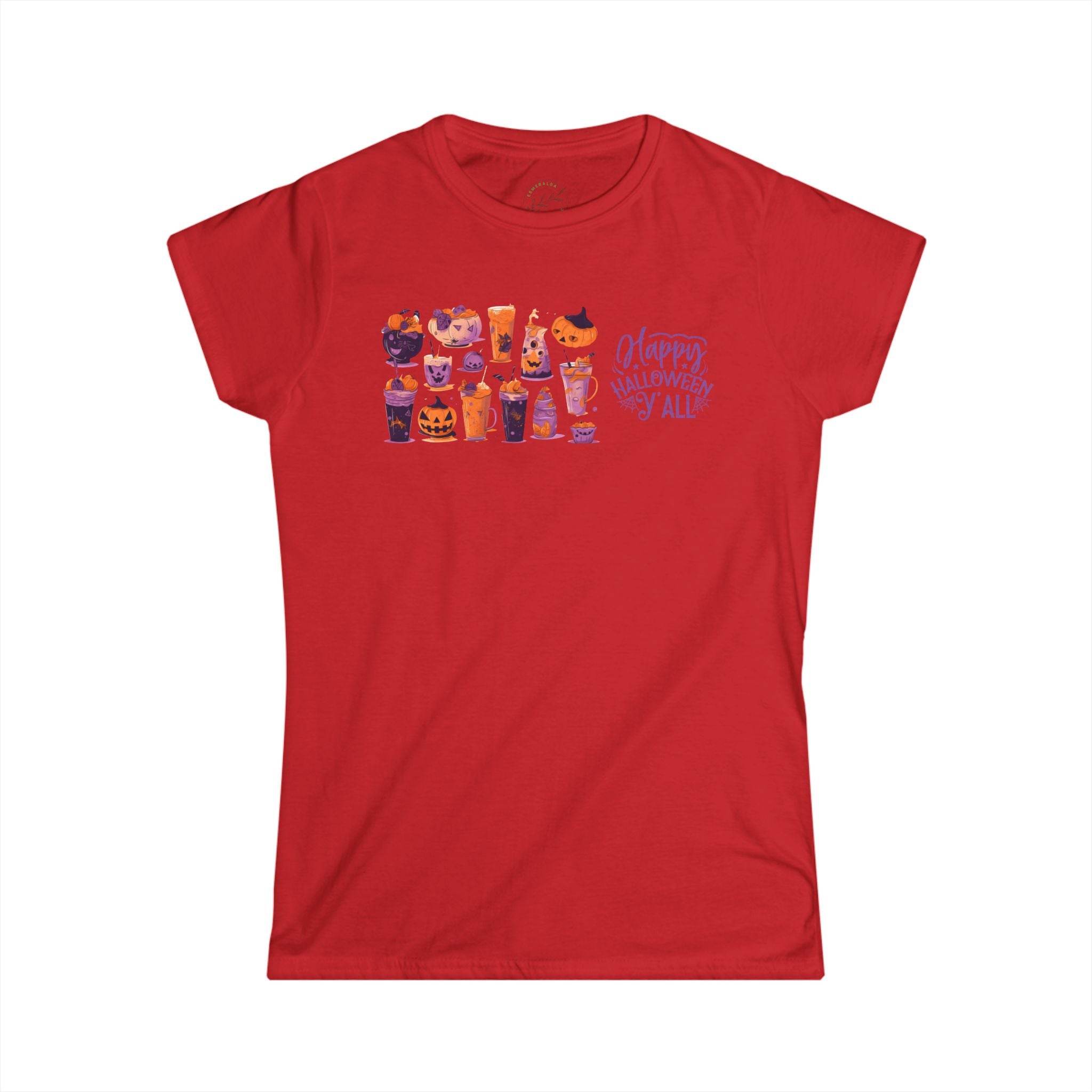 Printify red eco-friendly Halloween t-shirt for women with festive pumpkin and drink illustrations