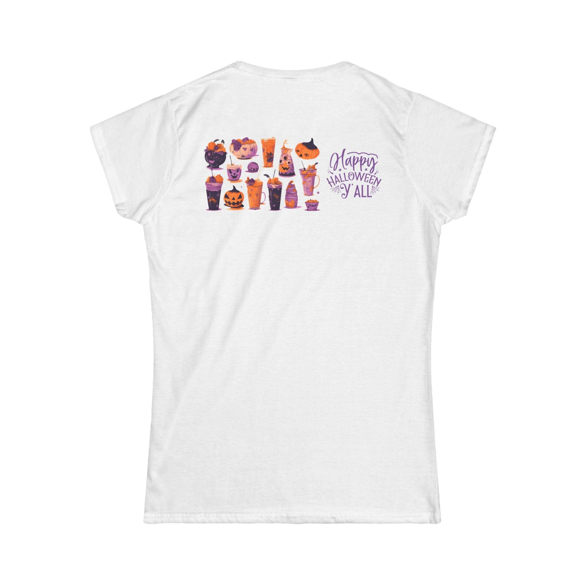 White Printify eco-friendly Halloween t-shirt for women with festive pumpkins and Happy Halloween design