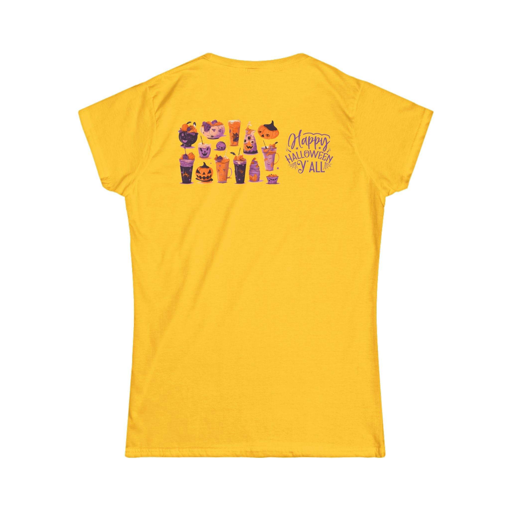 Yellow Printify eco-friendly Halloween t-shirt for women with festive candy and pumpkin design on the back