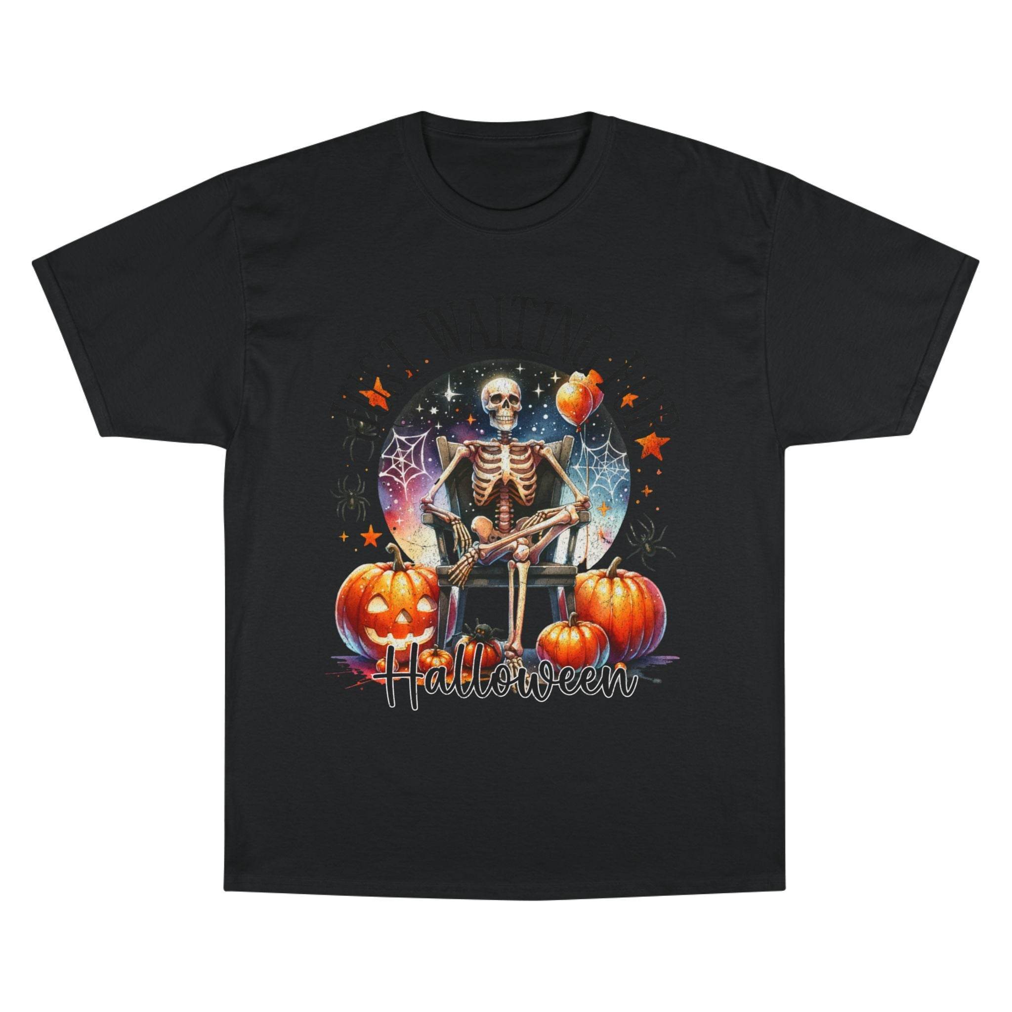 Printify black eco-friendly Halloween t-shirt with skeleton and pumpkins graphic design